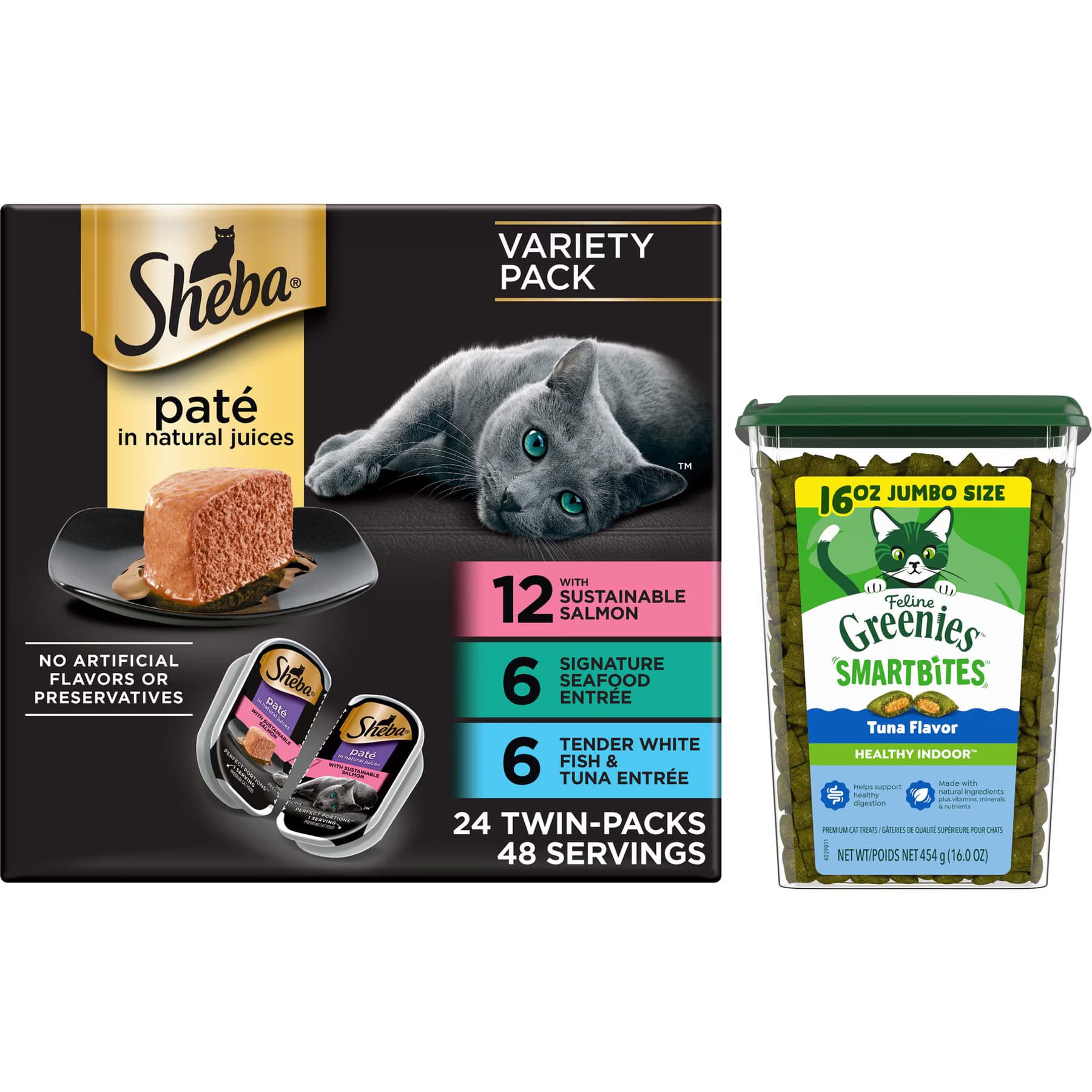 Greenies||Sheba Sheba Perfect Portions Seafood Pate Grain-Free Food Trays + Greenies Feline Greenies Smartbites Healthy Indoor Tuna Flavored Cat Treats