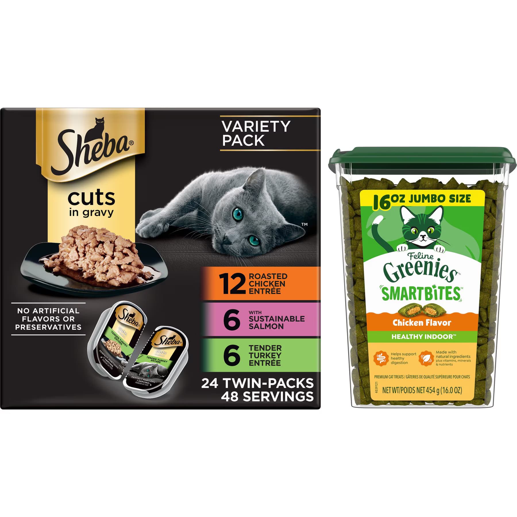 Greenies||Sheba Sheba Perfect Portions Grain-Free Multipack Roasted Chicken, Gourmet Salmon & Tender Turkey Cuts in Gravy Food Trays + Greenies Feline Smartbites Healthy Indoor Chicken Flavored Cat Treats