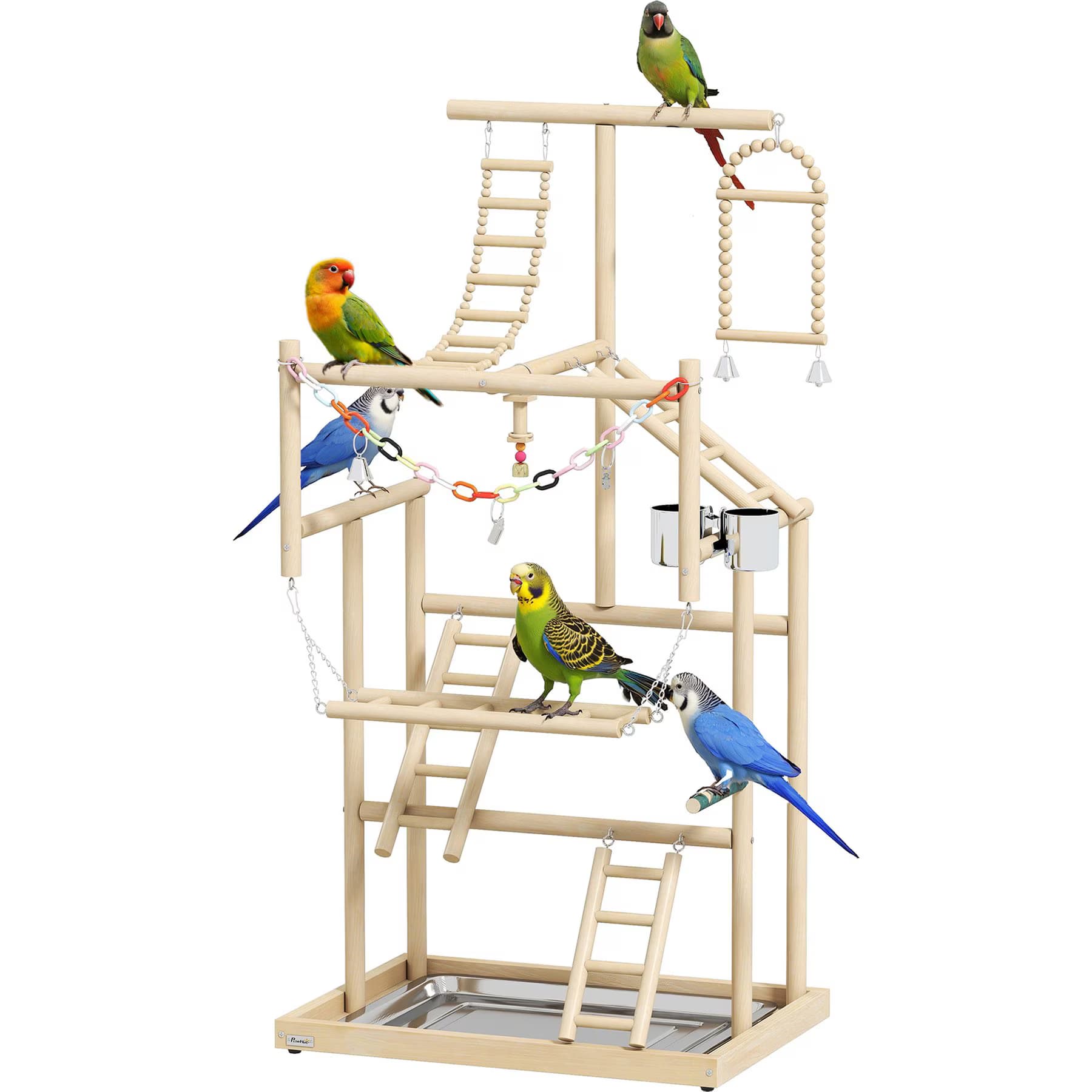PawHut PawHut Playground 4 Layer Wooden Parrot Play Stand with Ladders, Chain Toy, Stainless Steel Cups & Tray, Natural Wood, 18.9 x 15 x 37.4-in