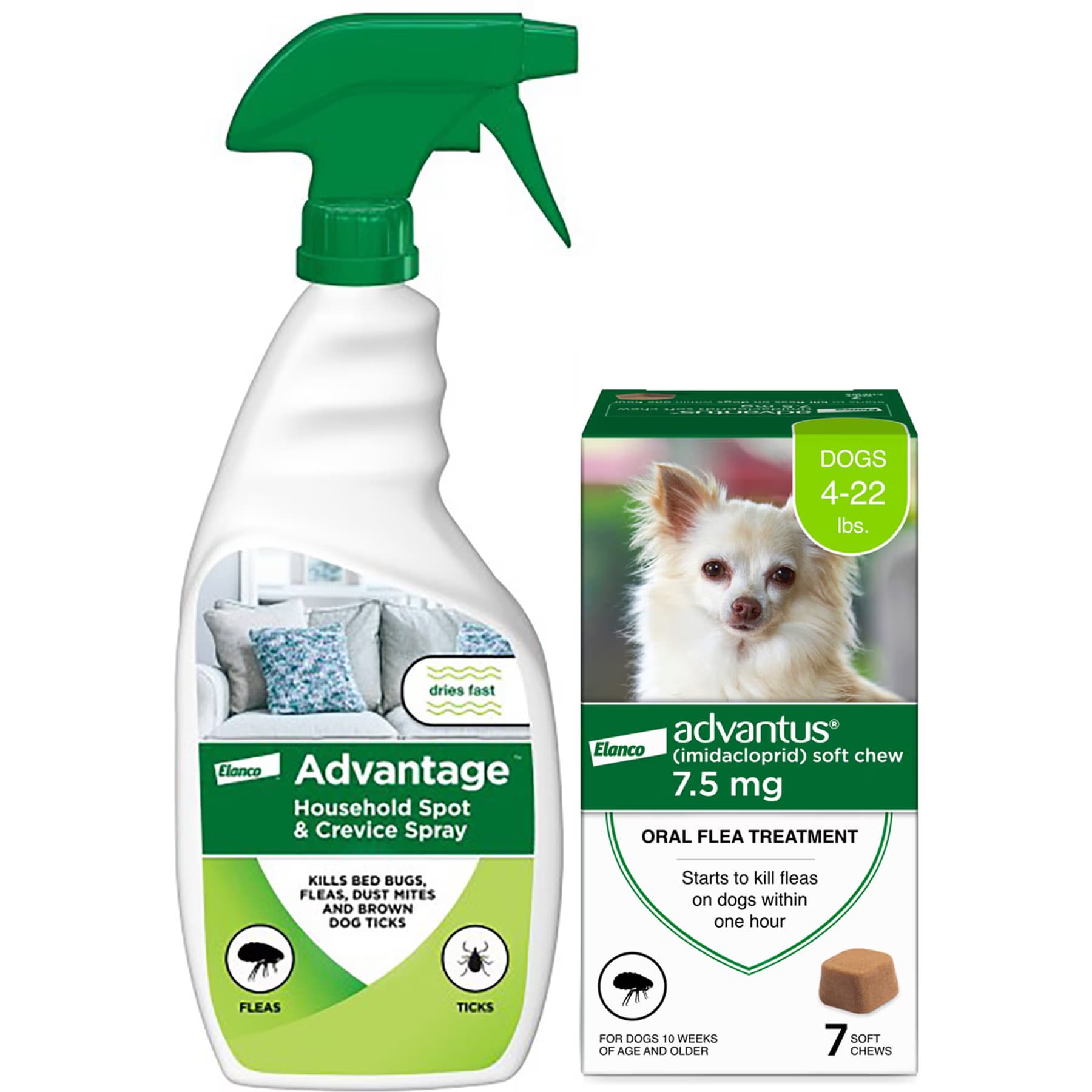 Advantage||Advantus Flea Prevention Kit – Dogs (4-22 lbs) Advantus Soft Chews + Advantage Spot & Crevice Spray
