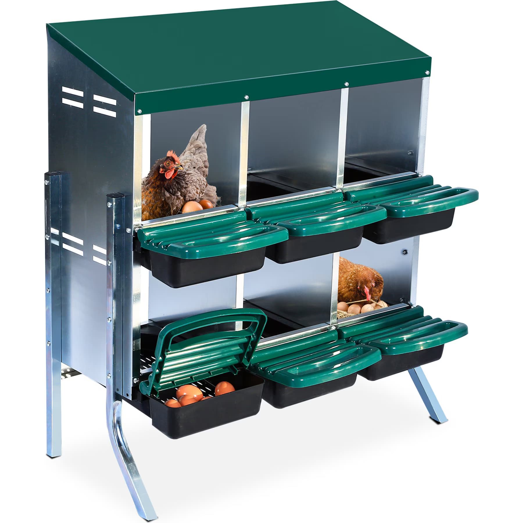 LALFPET LALFPET Two-Tier 6 Room Chicken Nesting Box with Lid Cover, 31.89-in, Green with Legs