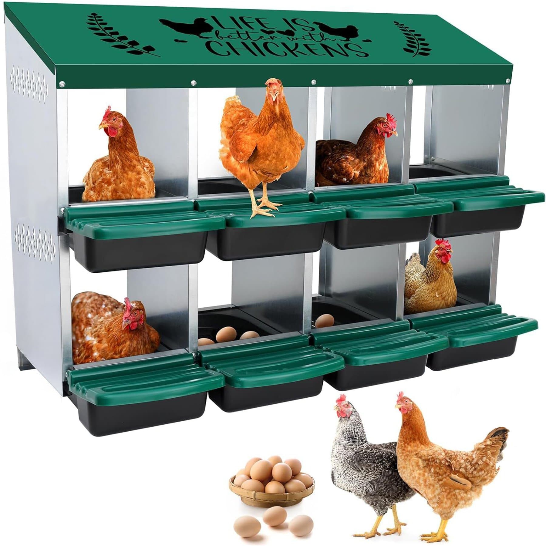 LALFPET LALFPET 8 or 10 Hole 2 Layer Chicken Nesting Box, Green, 42.32-in