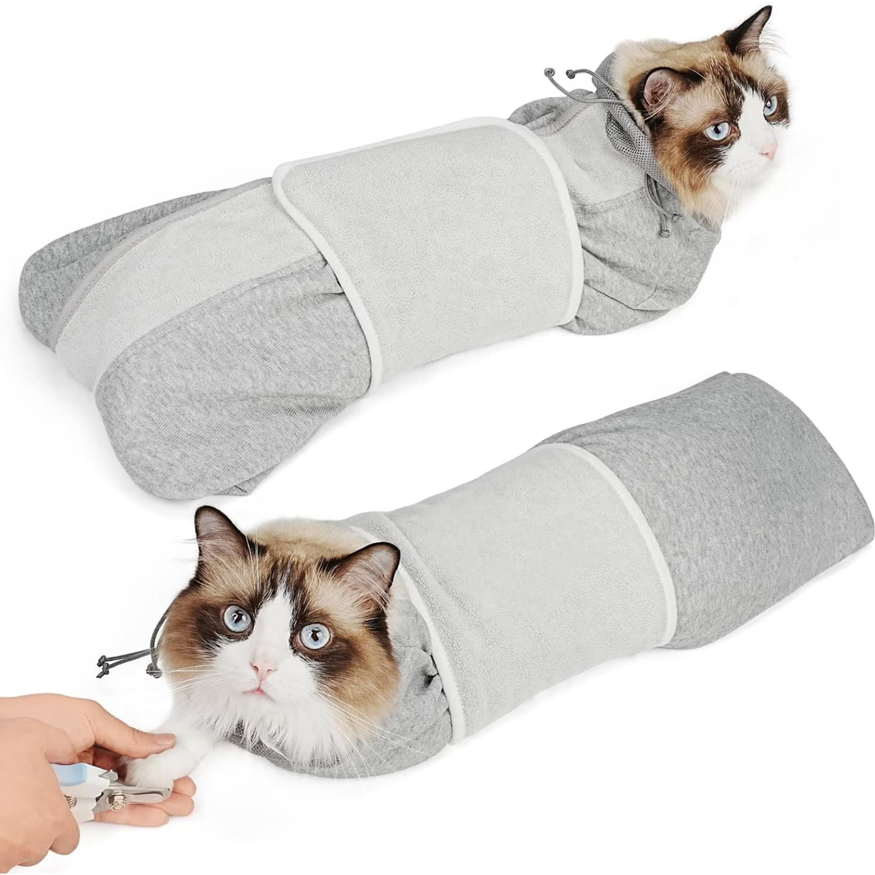 Supet Supet Self-Adhesive Anti-Scratch Swaddle Cat Grooming Wrap for Cutting Nails, Grey, Medium