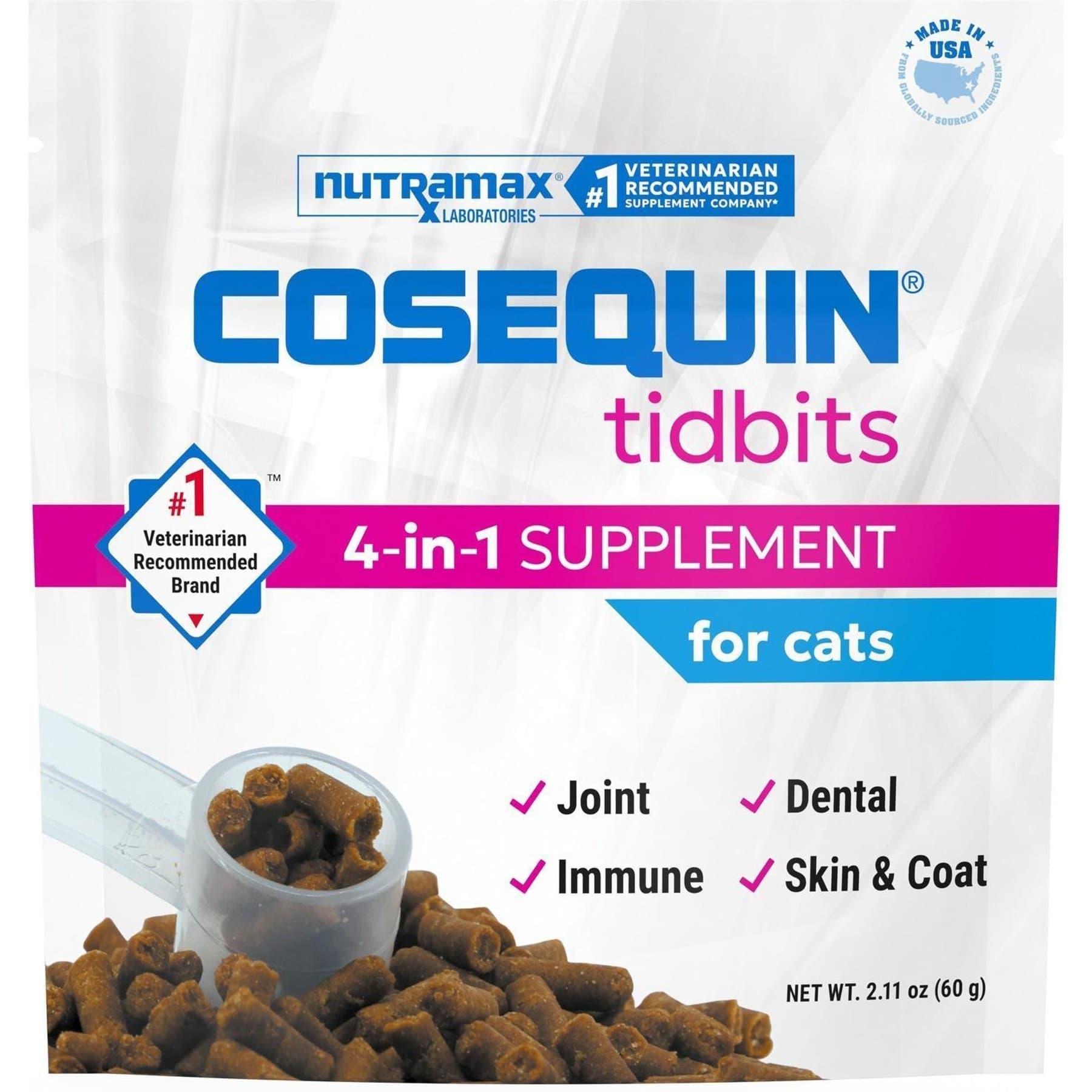 Nutramax Nutramax Cosequin Tidbits 4-in-1 Joint & Dental Health Immune Support Skin & Coat Health with Glucosamine, Chondroitin & Omega3s Supplement for Cats, 60-g