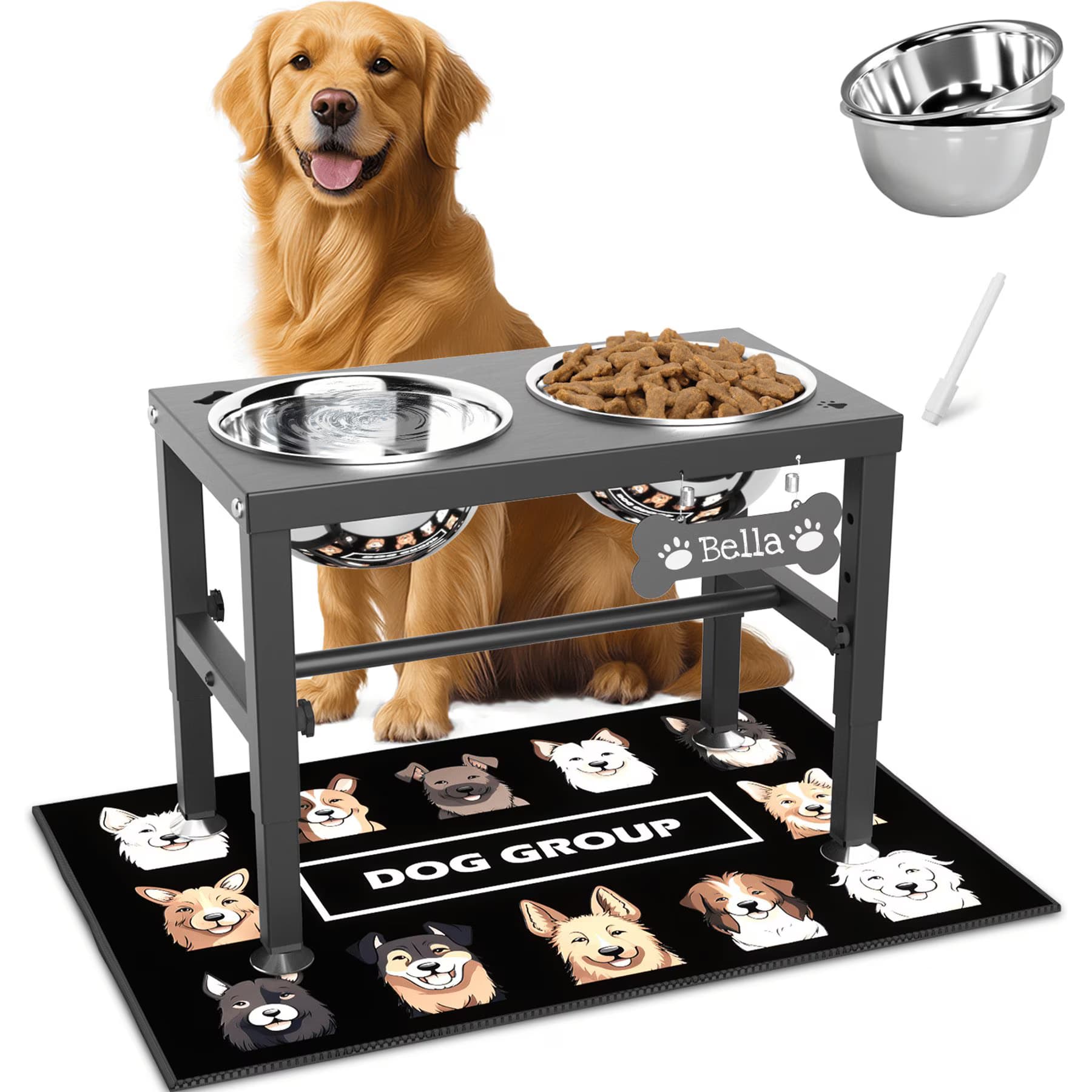 ADENGL ADENGL Adjustable Height Elevated Dog Bowl Set with Waterproof Mat, Black, Large: 7-cup