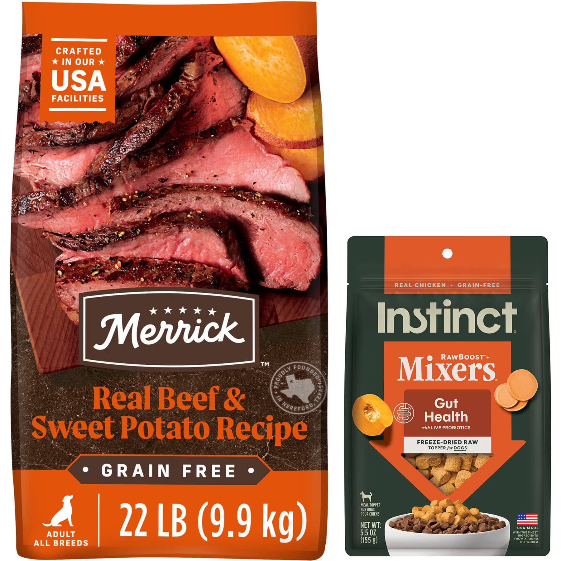 Instinct||Merrick Merrick Real Texas Beef + Sweet Potato Recipe Grain-Free Adult Dry Food + Instinct Freeze-Dried Raw Boost Mixers Grain-Free Gut Health Recipe Dog Food Topper