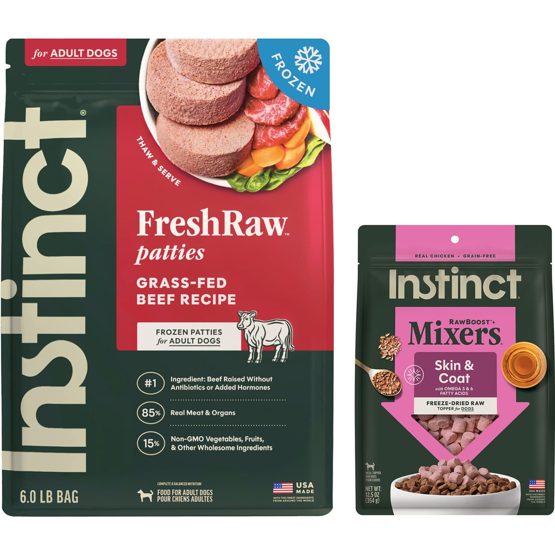 Instinct Instinct Frozen Raw Patties Real Beef Recipe Food + Freeze-Dried Raw Boost Mixers Skin & Coat Health Recipe Dog Food Topper