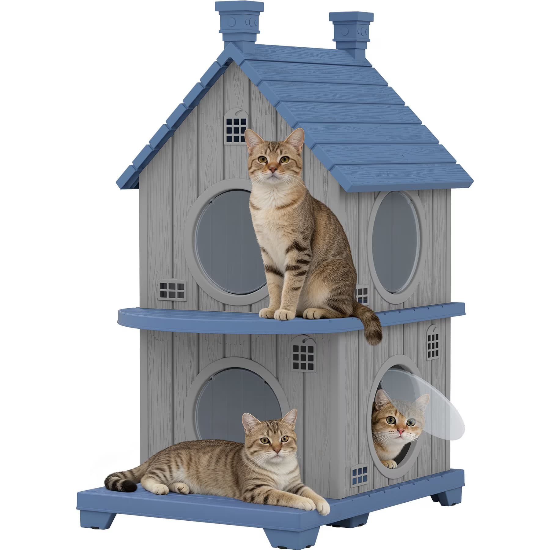 KAMABOKO KAMABOKO 2-Story Cottage Weatherproof Wooden Outdoor Cat House with Door Flaps, Blue