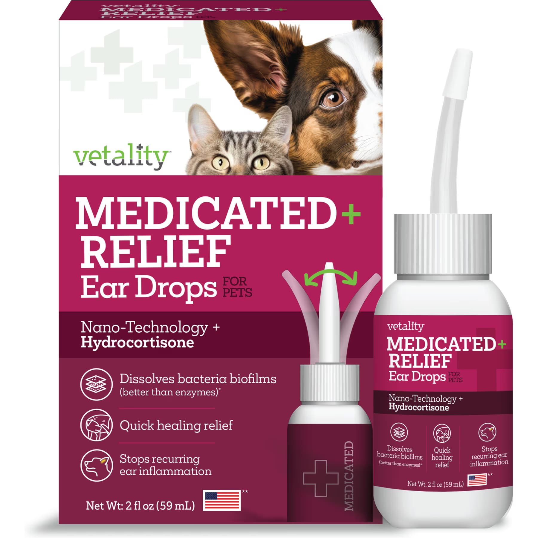 Vetality Vetality Medicated + Relief Ear Drops for Dogs & Cats, 2-fl oz bottle