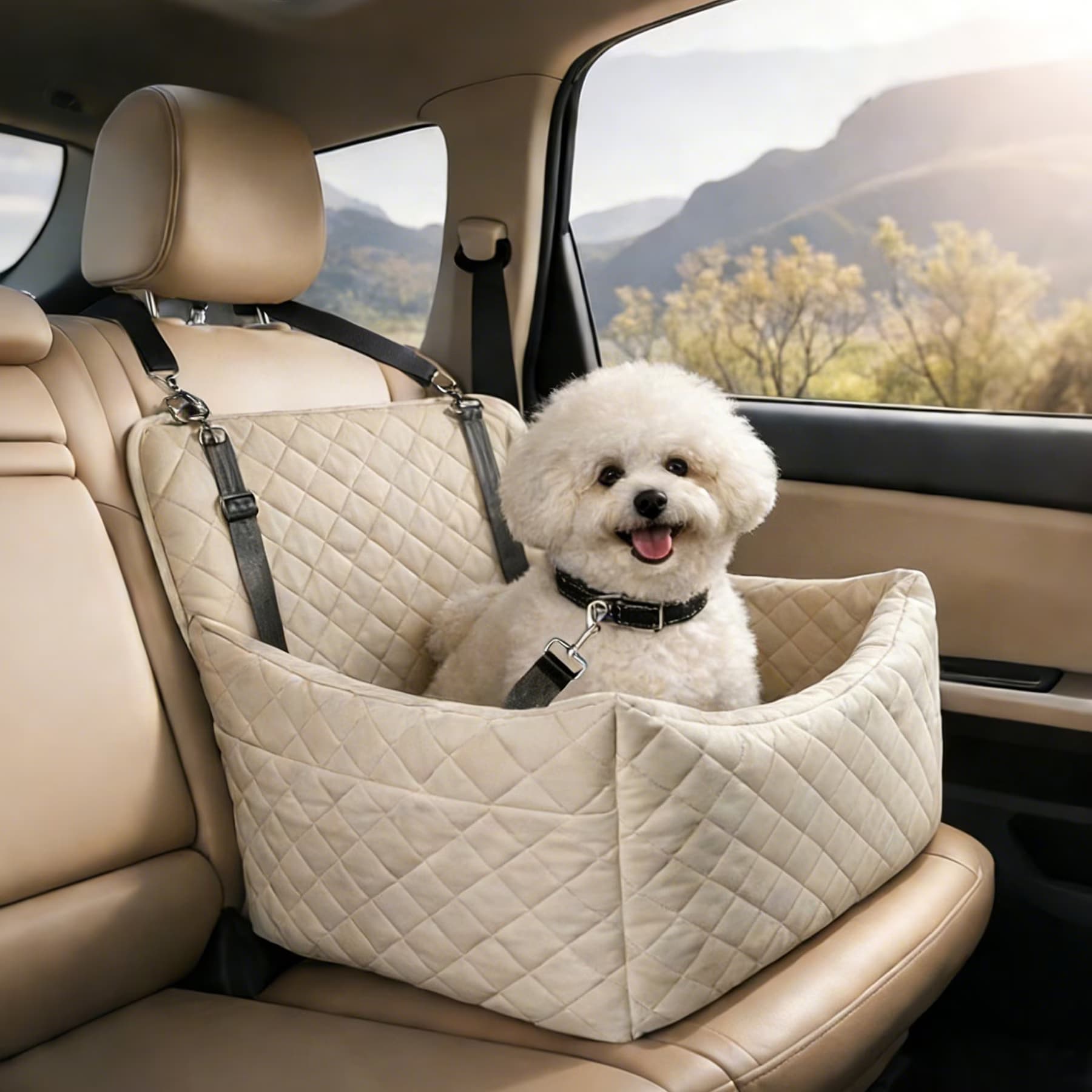 DOPZER DOPZER Memory Foam Detachable Washable Elevated Dog & Cat Car Booster Seat with 2 Storage Pockets & Safety Belt, Beige, 18.5 x 18.5 x 17.7-in