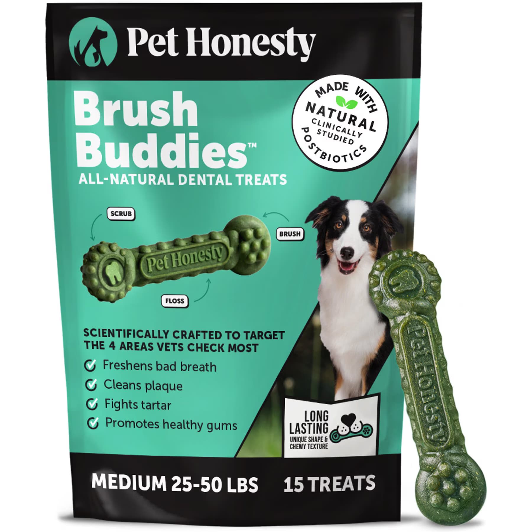 Pet Honesty Pet Honesty Brush Buddies Medium All-Natural Long Lasting Mint Dental Dog Treats