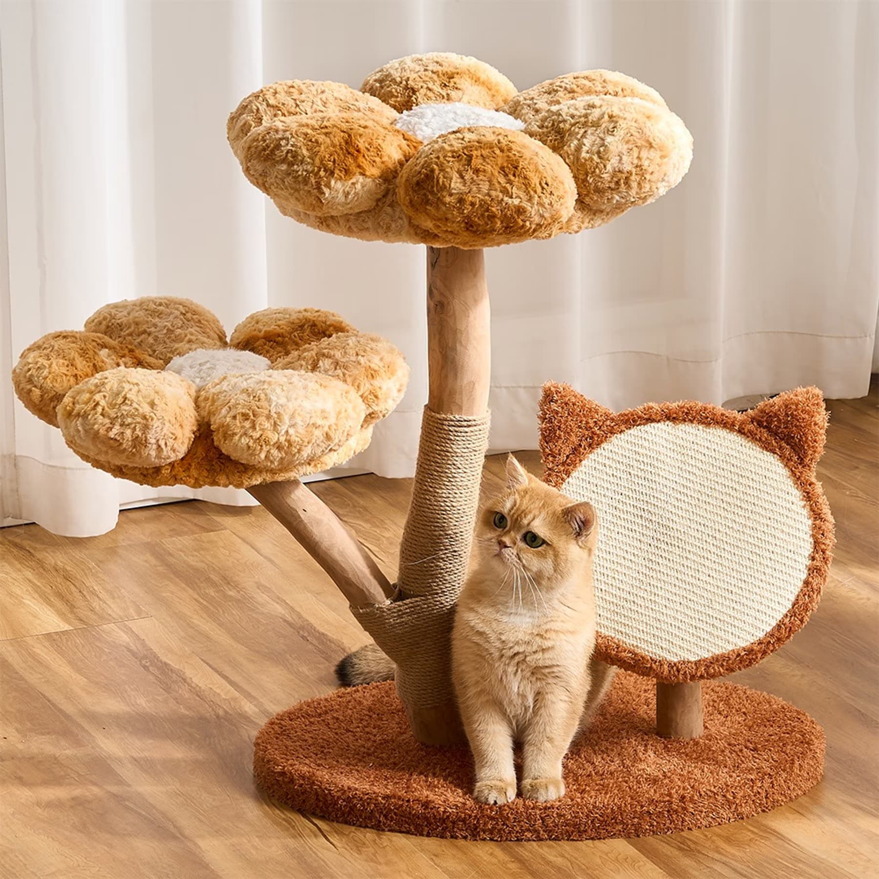 Hittite Hittite Indoor 30-in Flower Faux-Fur Cat Tree Tower with Scratching Post, Wood Sculpted Branch & Scratching Board, Sunset Brown