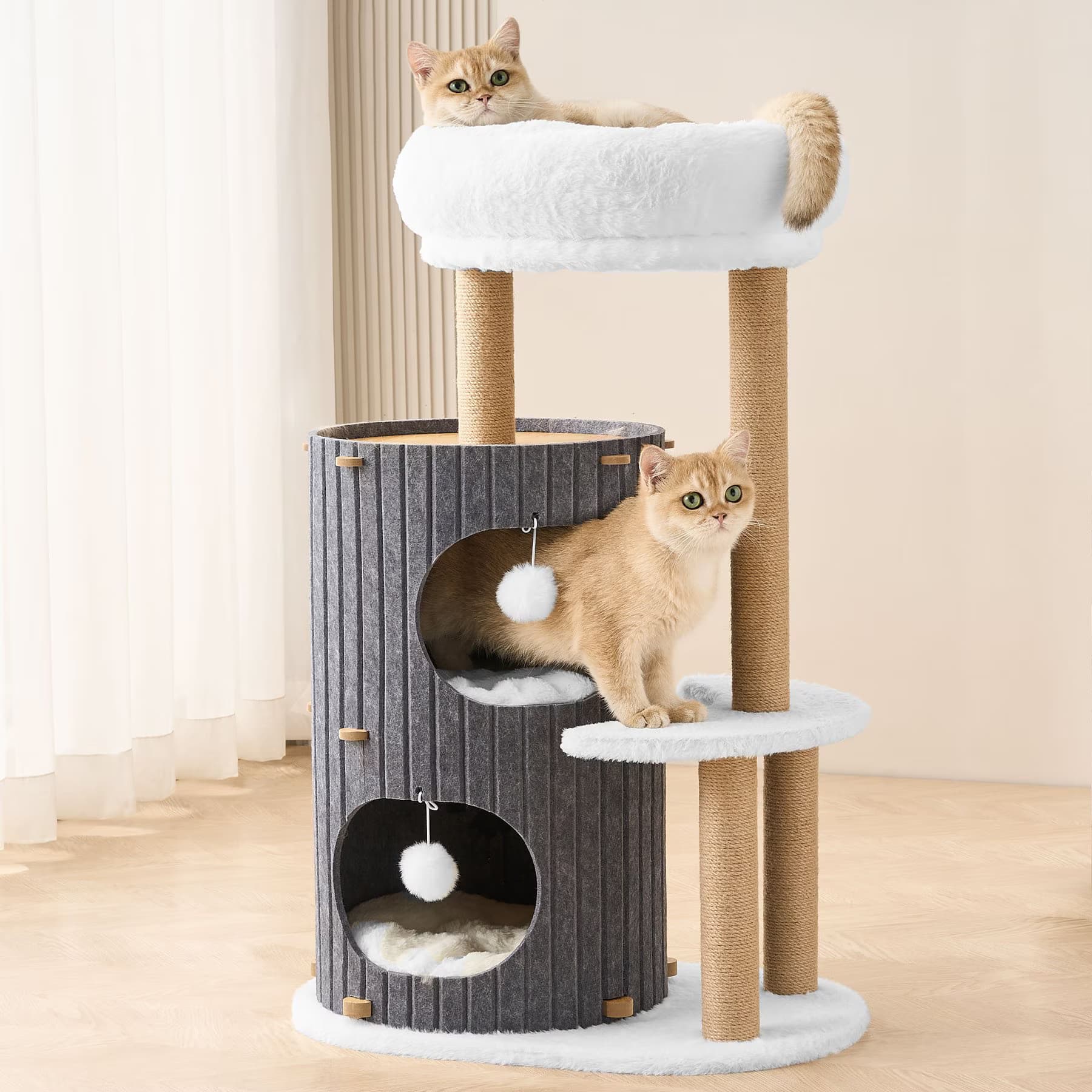 Hittite Hittite Indoor 36-in Modern Faux-Fur Cat Tree Tower & Condo with Scratching Posts, Cozy Bed Caves & Washable Cushions, Gray