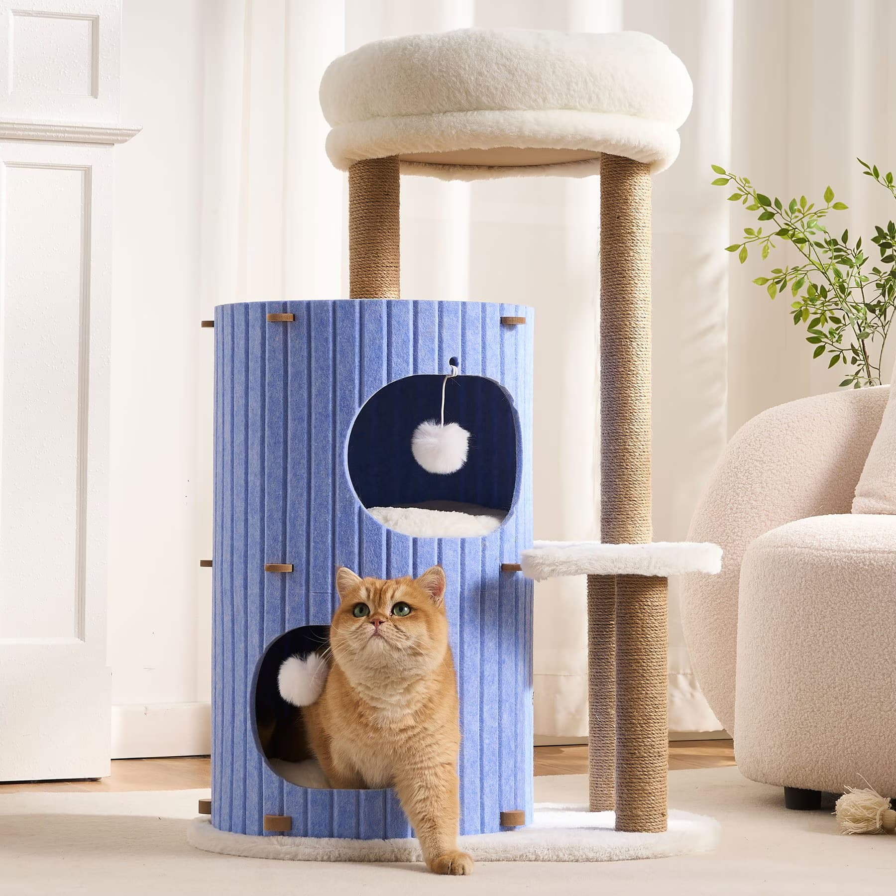 Hittite Hittite Indoor 36-in Modern Faux-Fur Cat Tree Tower & Condo with Scratching Posts, Cozy Bed Caves & Washable Cushions, Blue