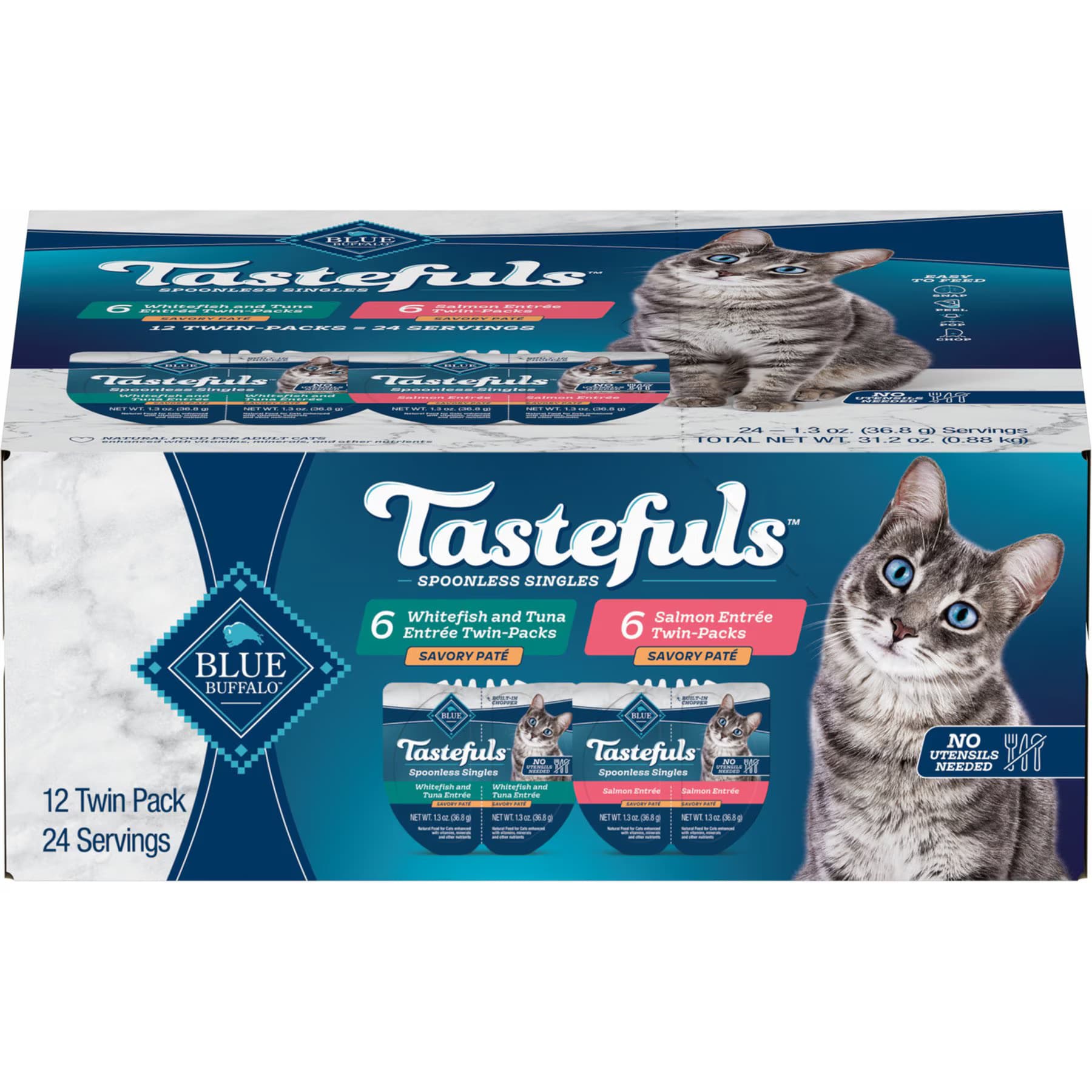 Blue Buffalo Blue Buffalo Tastefuls Spoonless Singles Whitefish, Tuna & Salmon Entree Variety Pack Adult Pate Wet Cat Food, 2.6-oz twin pack