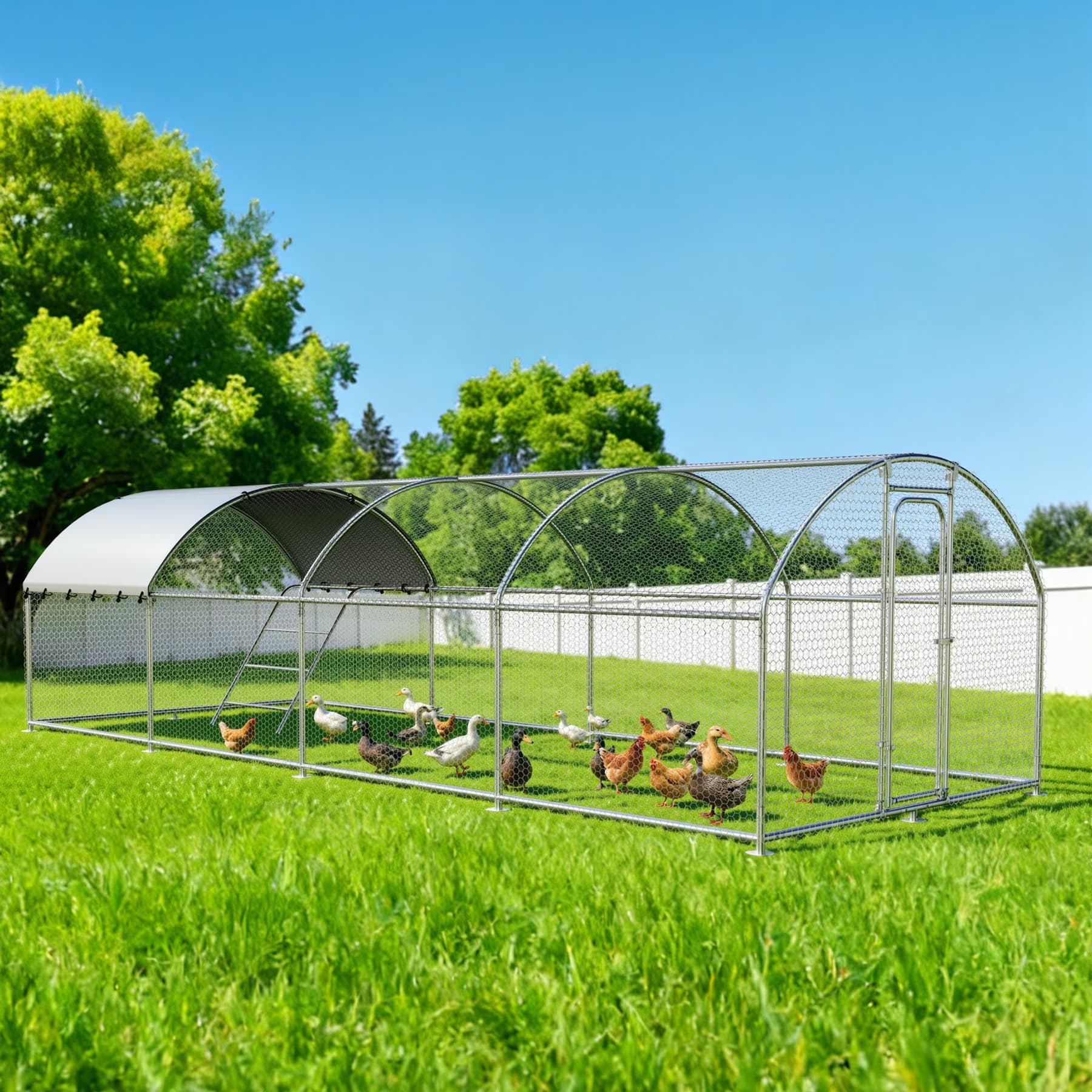 Xbrigh Metal Walk-In Dome Roof Poultry Cage Chicken Coop, Silver, 19.7 x 9.8 x 6.4-ft — view 3