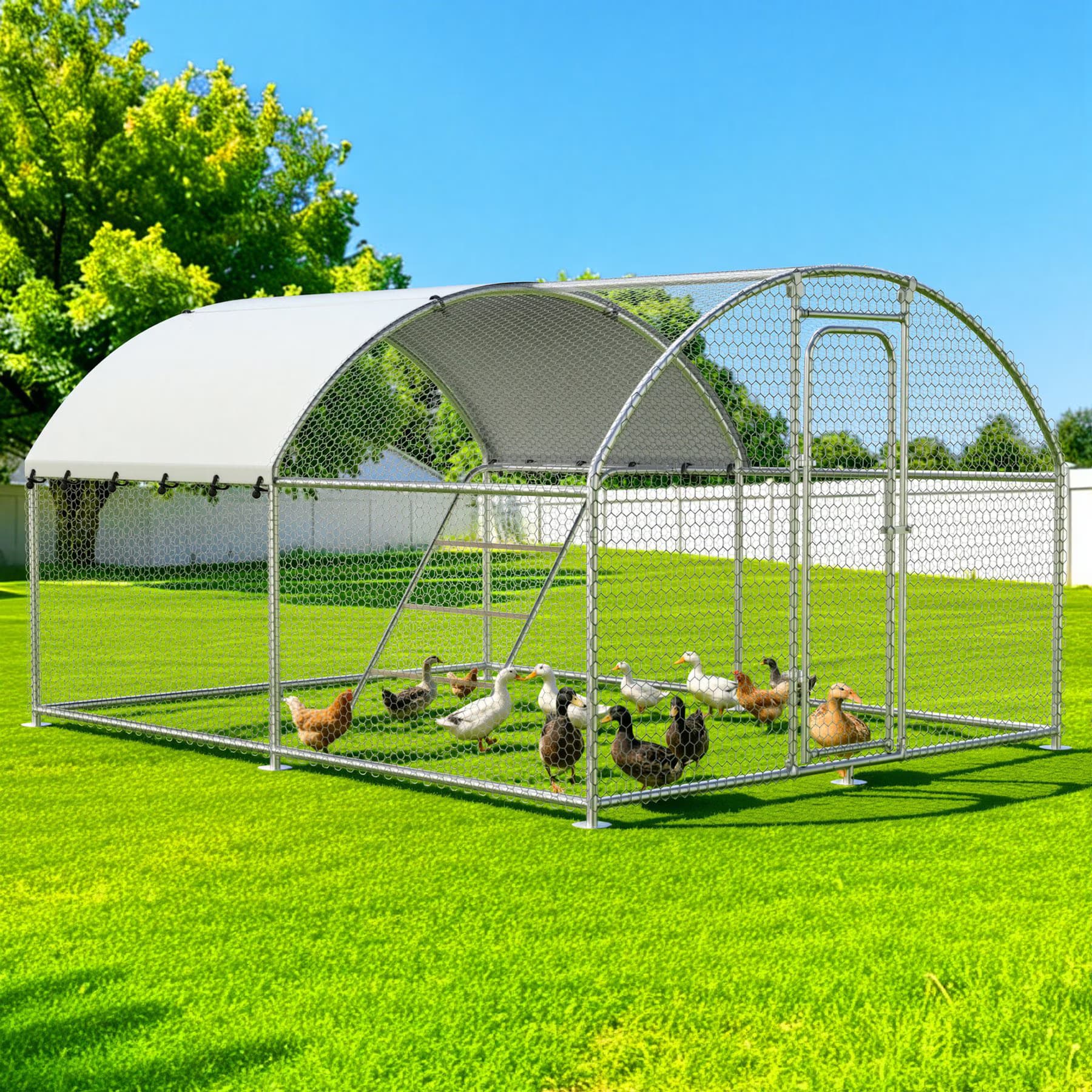 Xbrigh Metal Walk-In Dome Roof Poultry Cage Chicken Coop, Silver, 19.7 x 9.8 x 6.4-ft — view 2