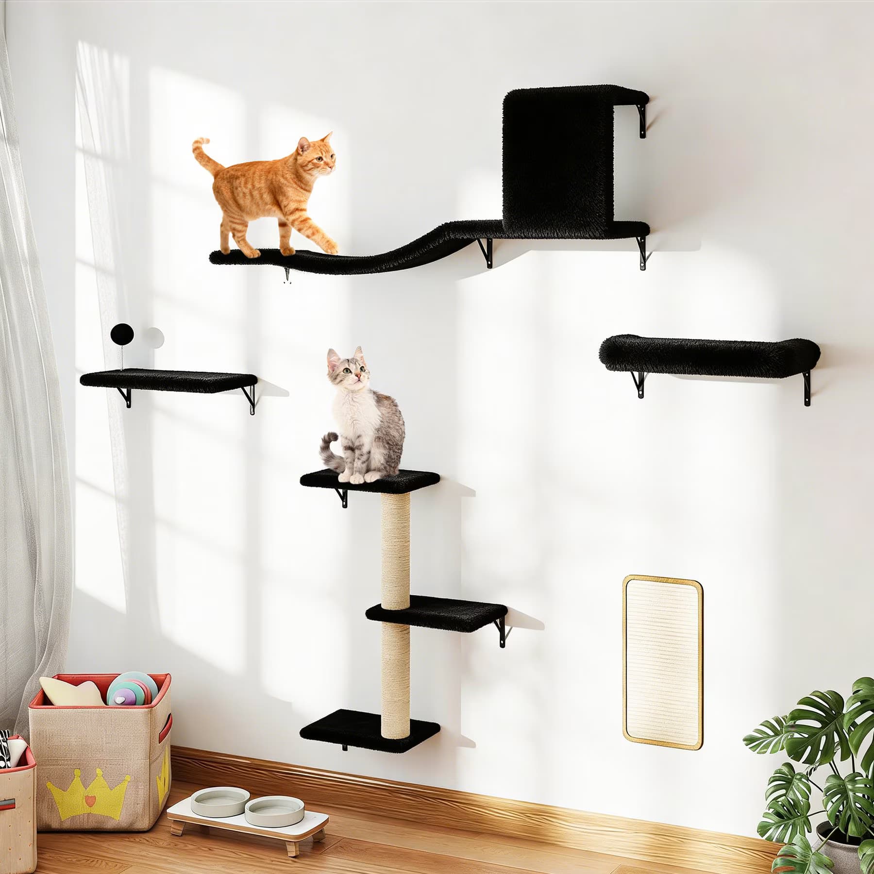 Coziwow Coziwow 5-Piece Wall Mounted Wood Cat Wall Shelves with Tree & Scratching Post, Black