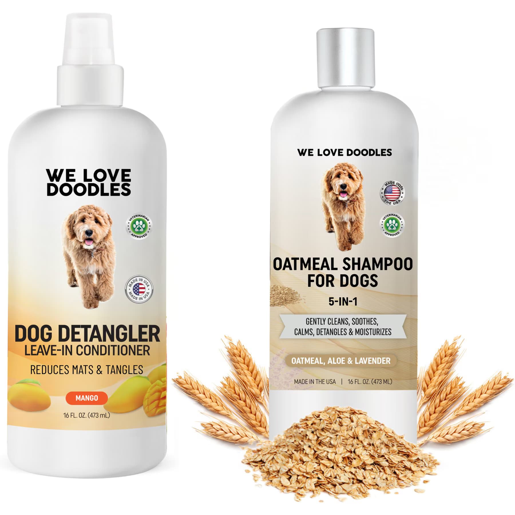 We Love Doodles We Love Doodles Dog Grooming Bundle: 5-in-1 Premium Oatmeal Shampoo, 16-fl oz bottle + Detangler Spray, Mango Scent, 16-fl oz bottle