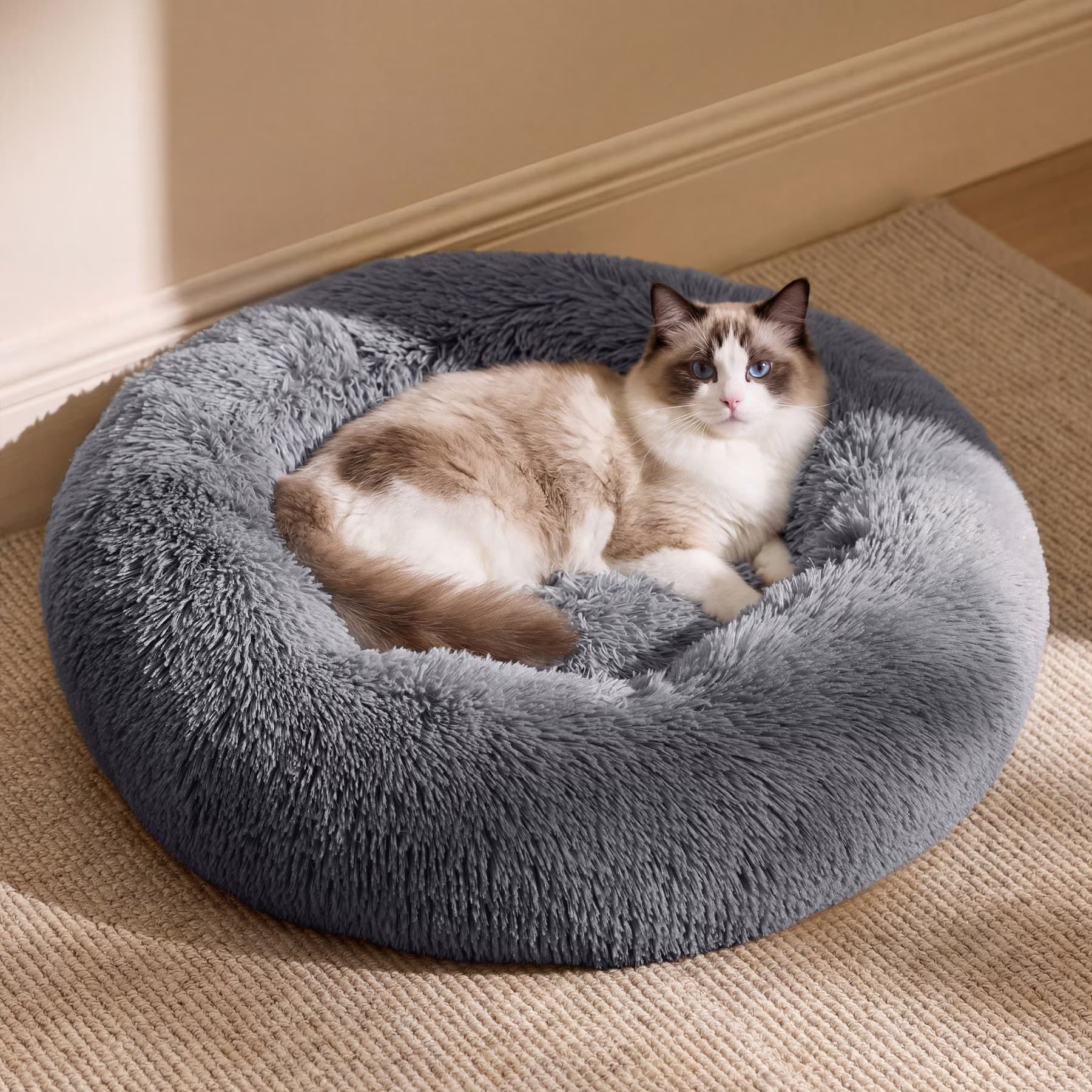 Bedsure Calming Fluffy Plush Faux Fur Anti-Slip Donut Bolster Dog & Cat Bed, Grey, Small Plus — view 2