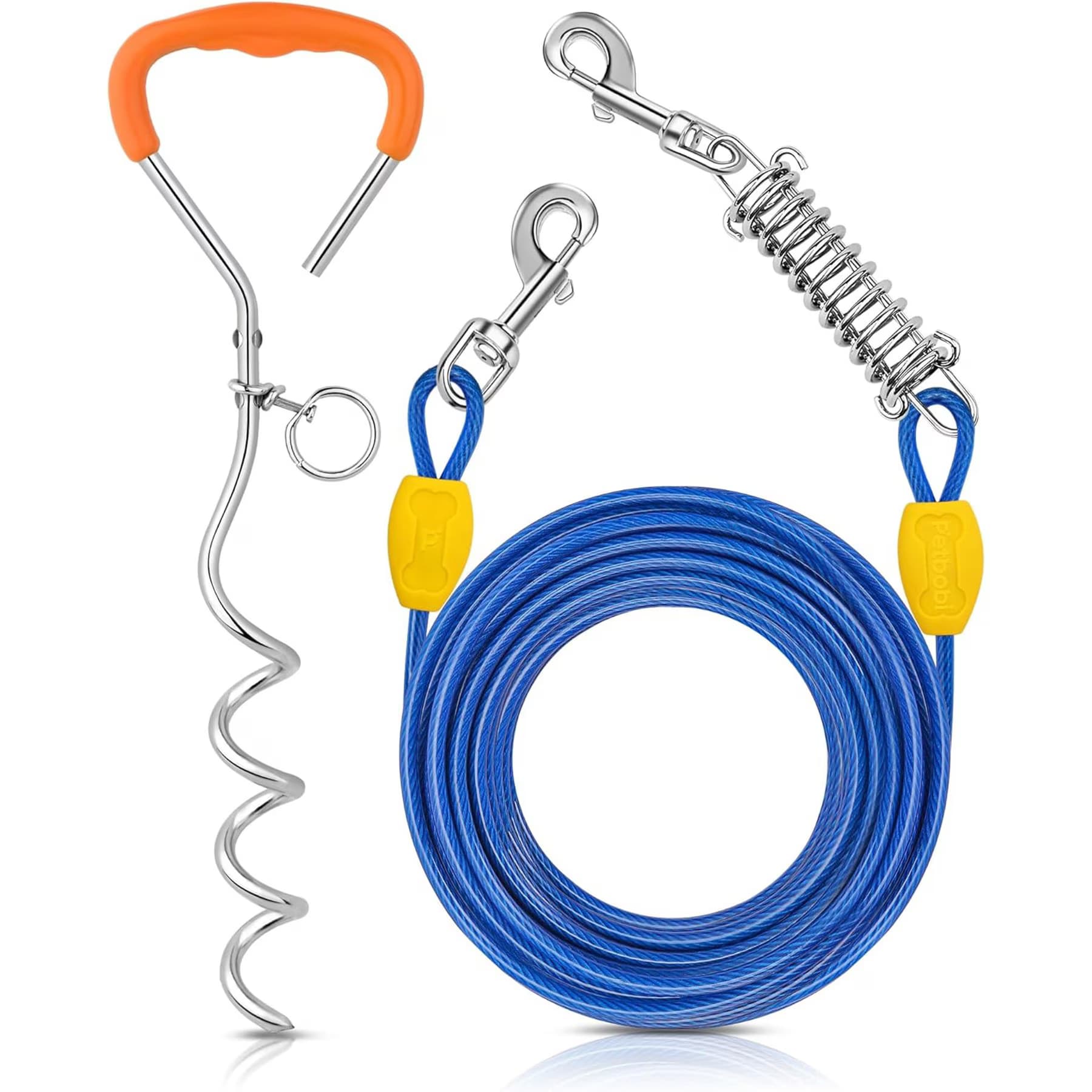 Petbobi Petbobi Heavy-Duty 16-in Ground Stake Dog Tie-Out Cable with Spring, Blue, 20-ft