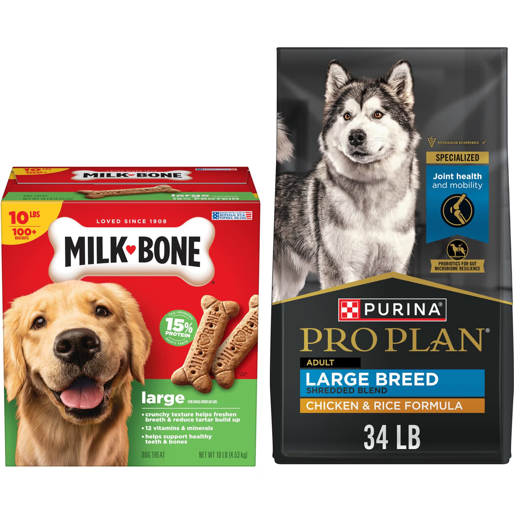 Milk-Bone||Purina Pro Plan Purina Pro Plan Adult Large Breed Shredded Blend Chicken & Rice Formula Dry Food + Milk-Bone Original Large Biscuit Dog Treats