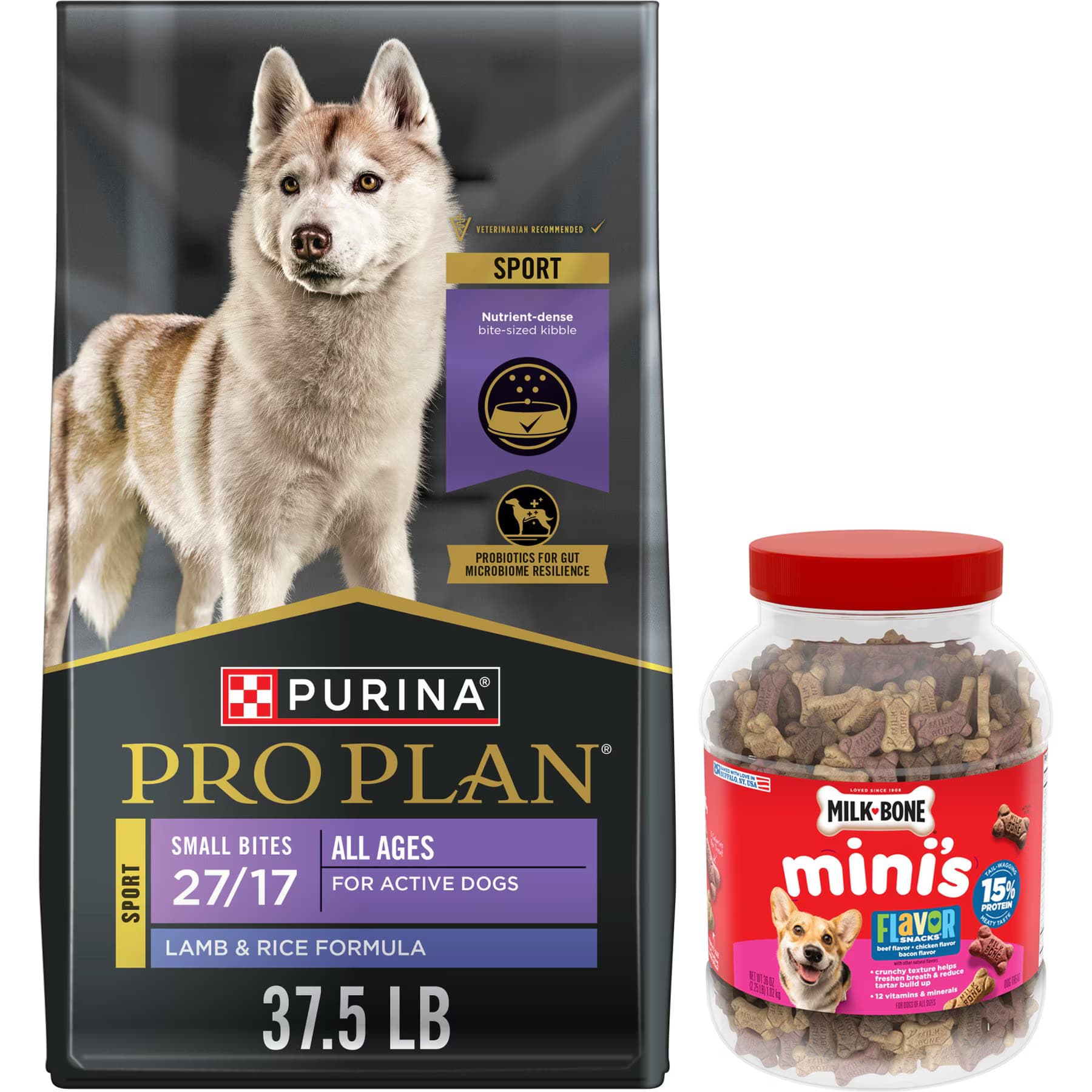 Milk-Bone||Purina Pro Plan Purina Pro Plan All Life Stages Small Bites Lamb & Rice Formula Dry Food + Milk-Bone Mini’s Flavor Snacks Beef, Chicken & Bacon Flavored Biscuit Dog Treats