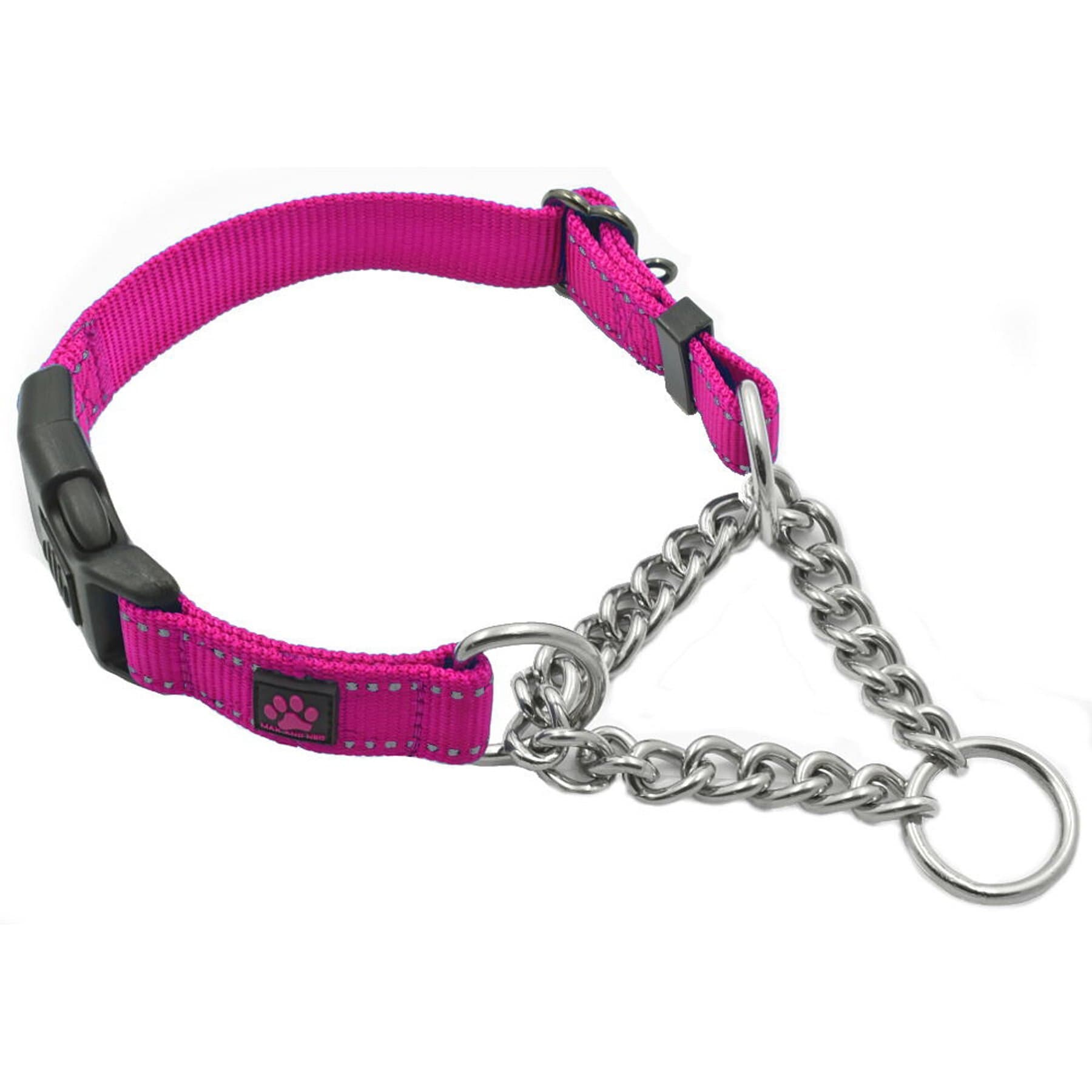 Max and Neo Dog Gear Nylon Reflective Martingale Dog Collar with Chain, Pink, Medium/Large: 16 to 19-in neck, 1-in wide — view 2