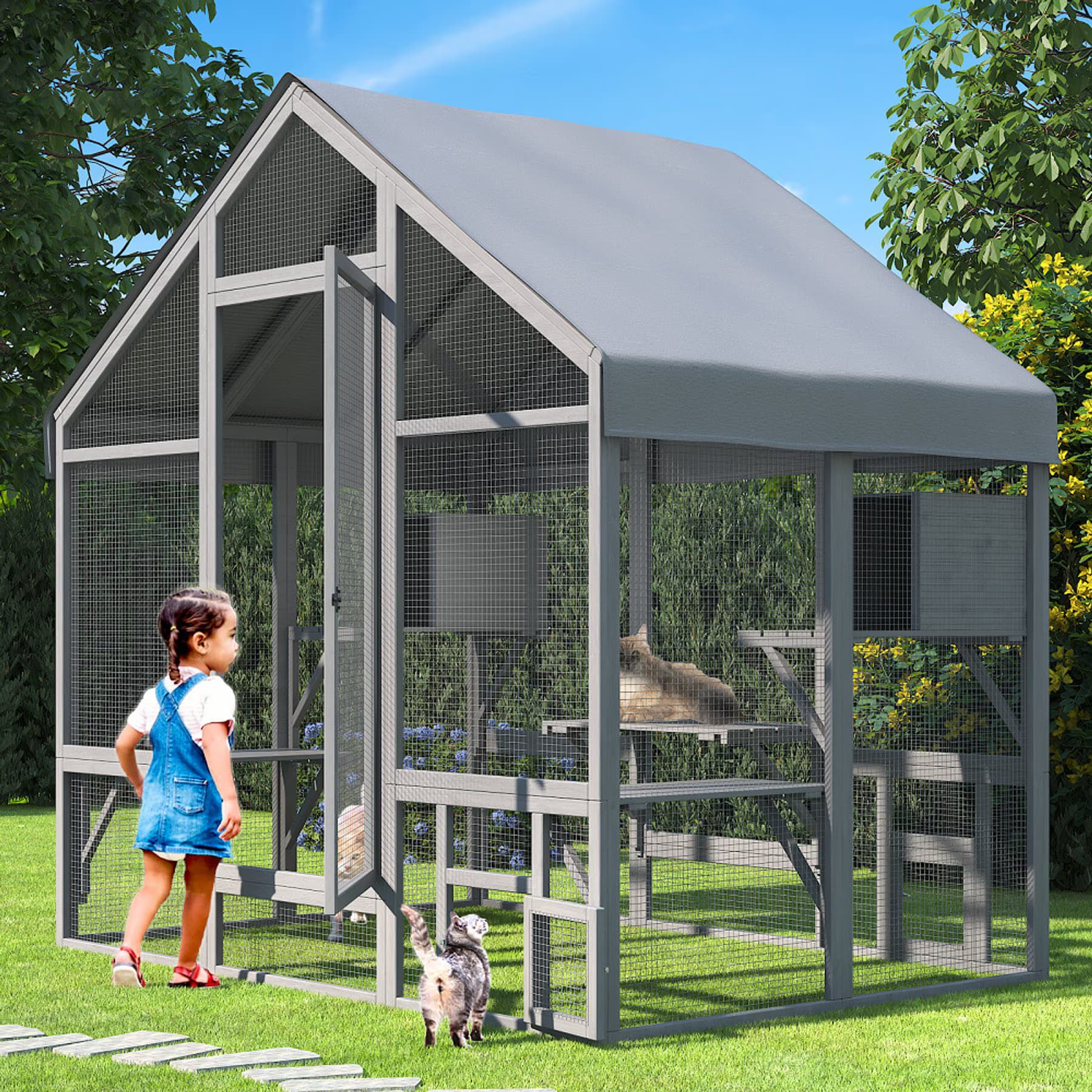 TIMHAKA TIMHAKA Weatherproof Wooden Outdoor Catio Enclosure with 7 Tiered Platforms & 2 Premium Resting Boxes, Grey, Large: 71 x 49 x 71-in