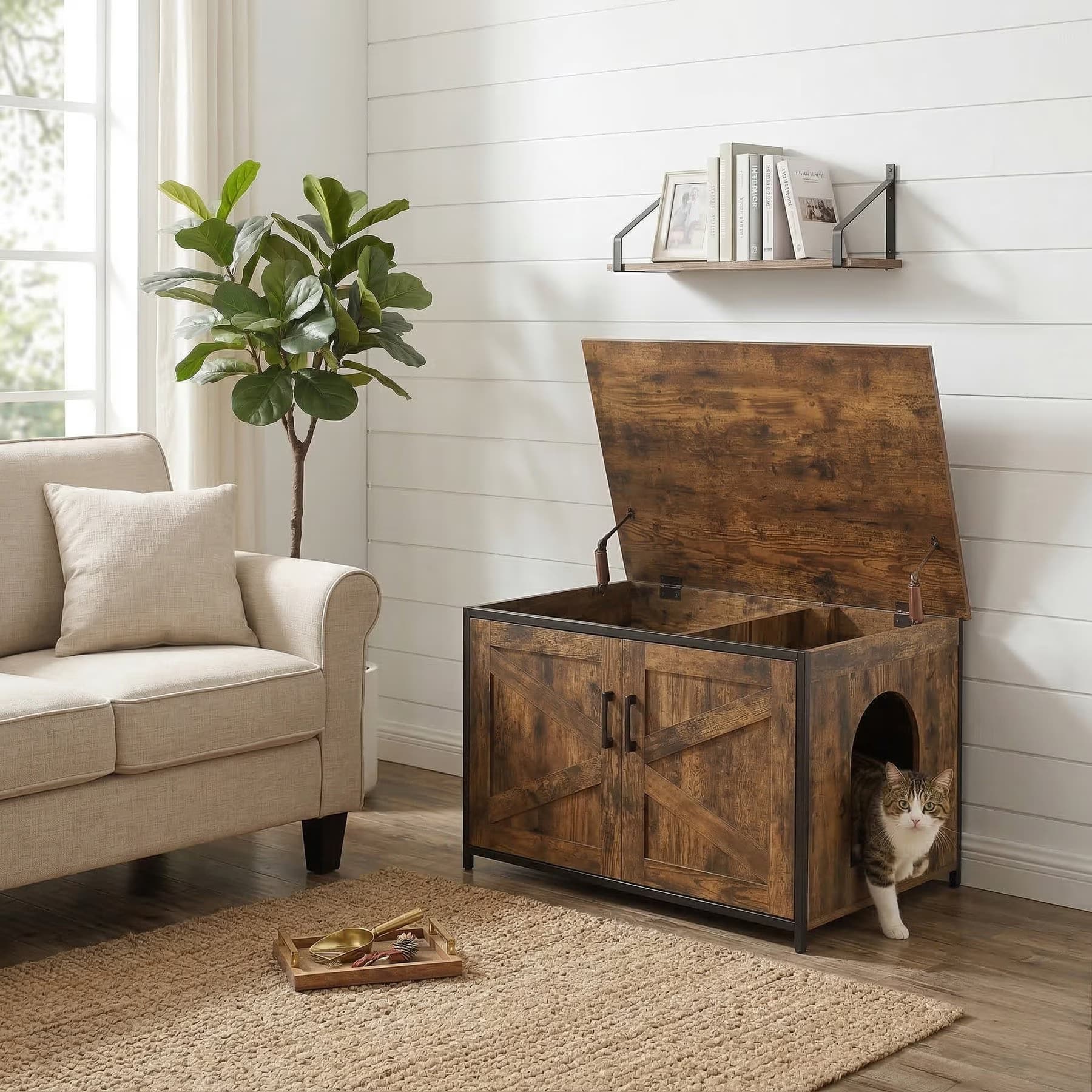 Unipaws Unipaws Cat Litter Box Enclosure with Top Opening, Large, Rustic Brown
