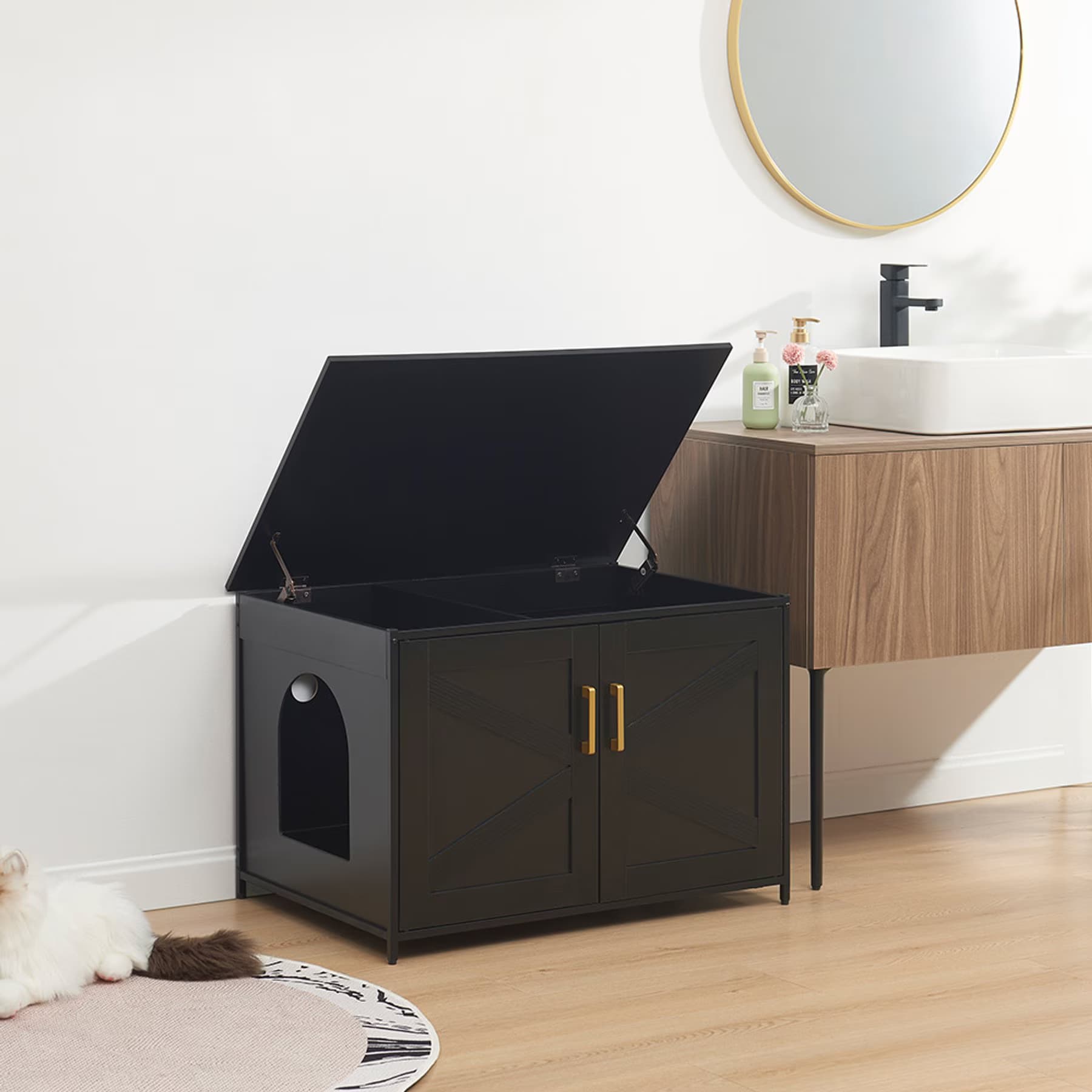 Unipaws Unipaws Cat Litter Box Enclosure with Top Opening, Large, Black & Gold