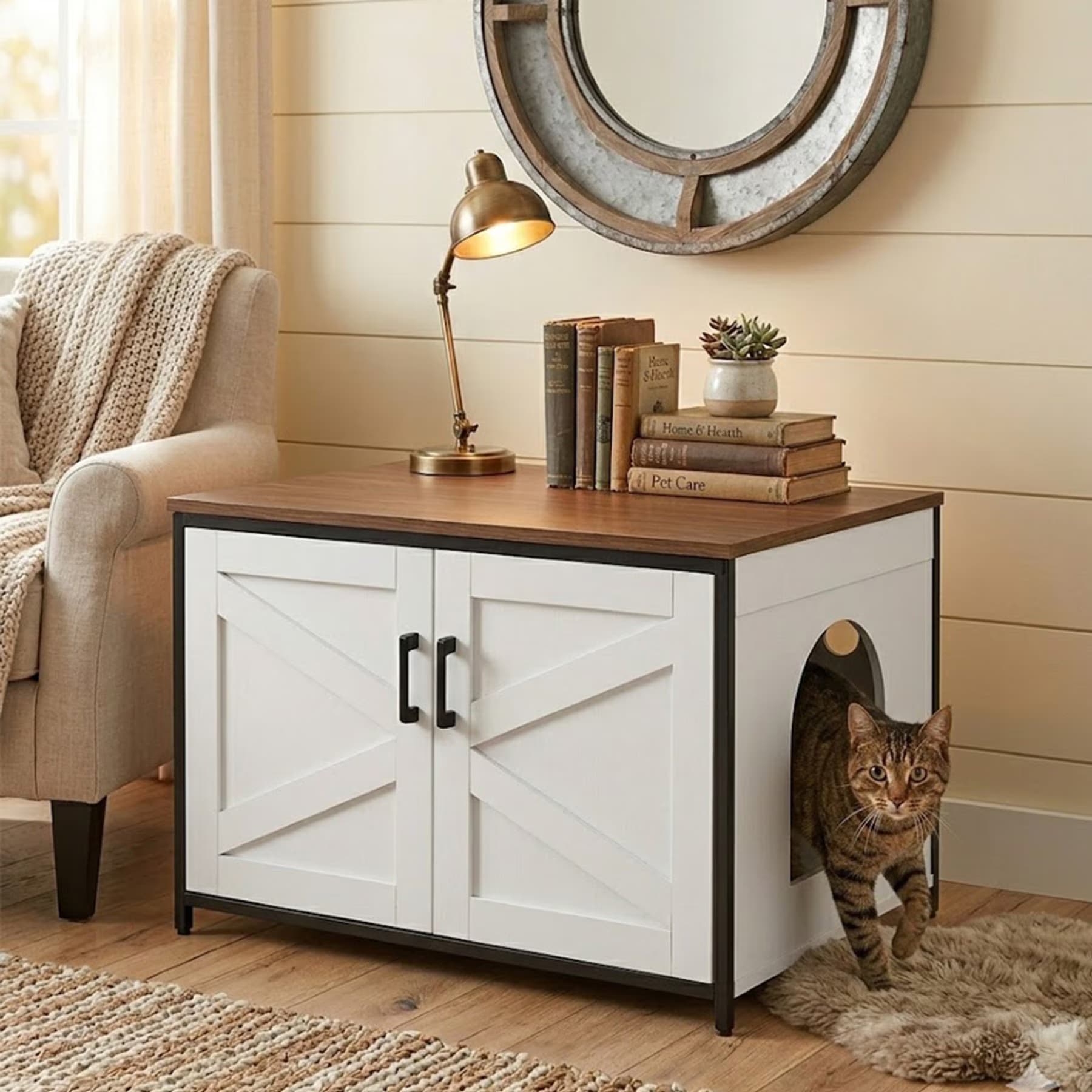 Unipaws Unipaws Cat Litter Box Enclosure with Top Opening, Large, White & Walnut
