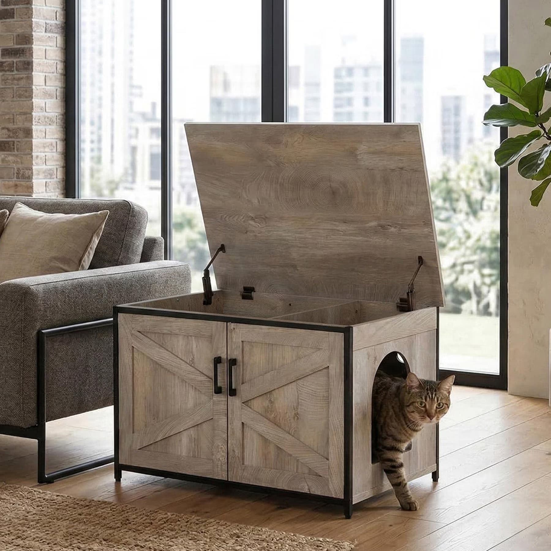 Unipaws Unipaws Cat Litter Box Enclosure with Top Opening, Large, Weathered Gray