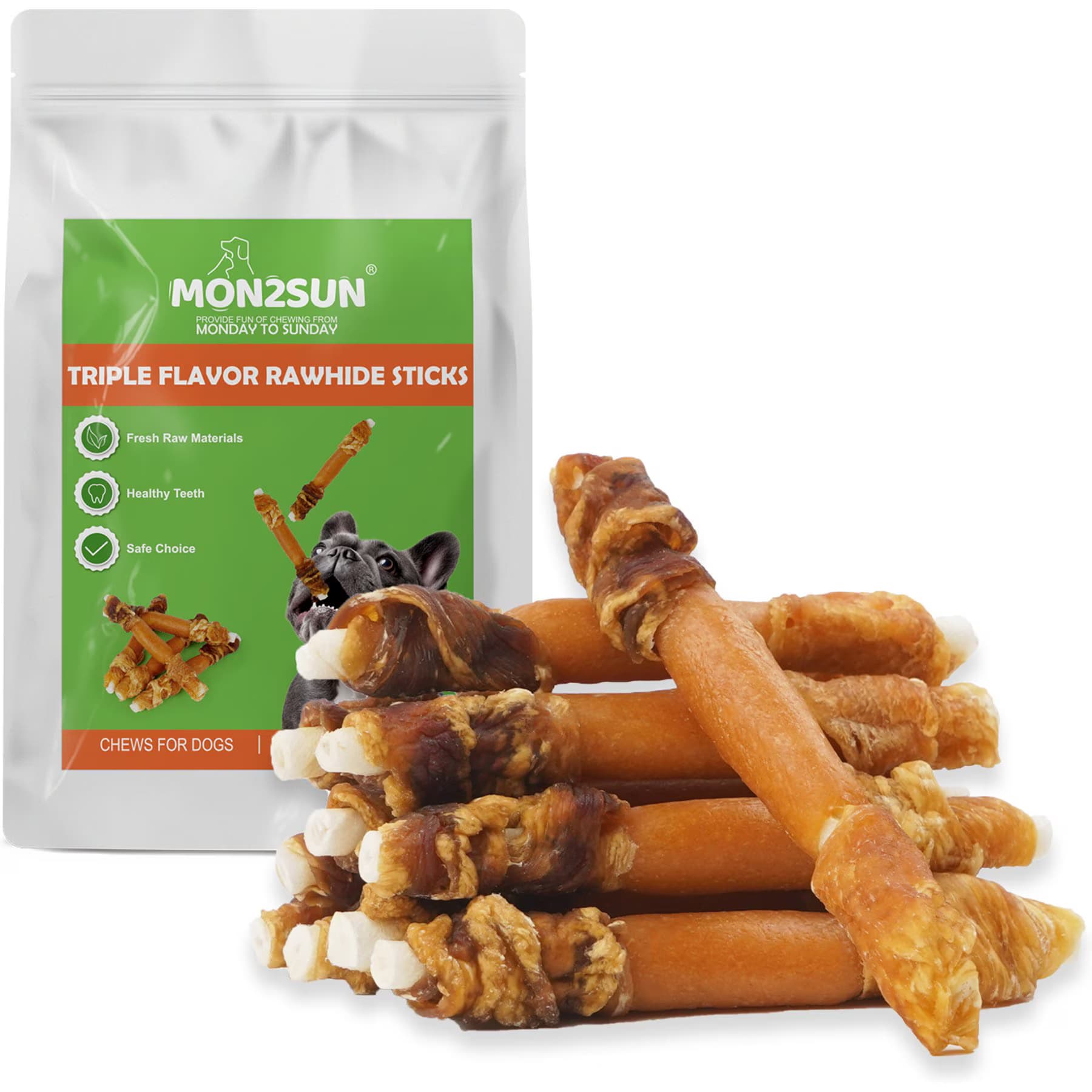 MON2SUN MON2SUN Triple Flavor High-Protein Chicken, Sweet Potato & Duck Wrapped Rawhide Sticks Dog Treats