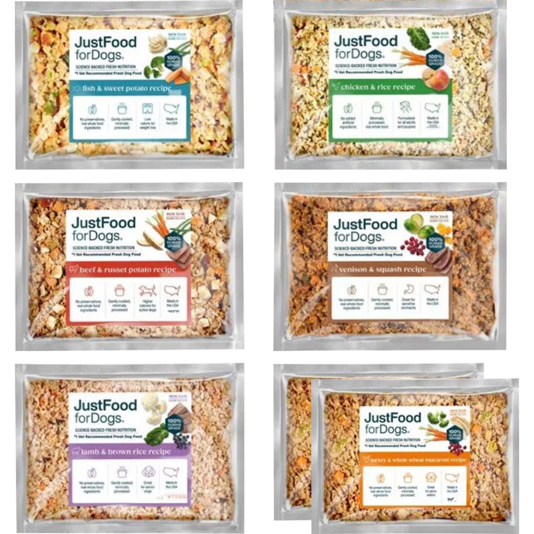JustFoodForDogs JustFoodForDogs Frozen Human-Grade Fresh Dog Food Variety Pack: Lamb, Beef, Fish, Turkey, Venison, & Chicken