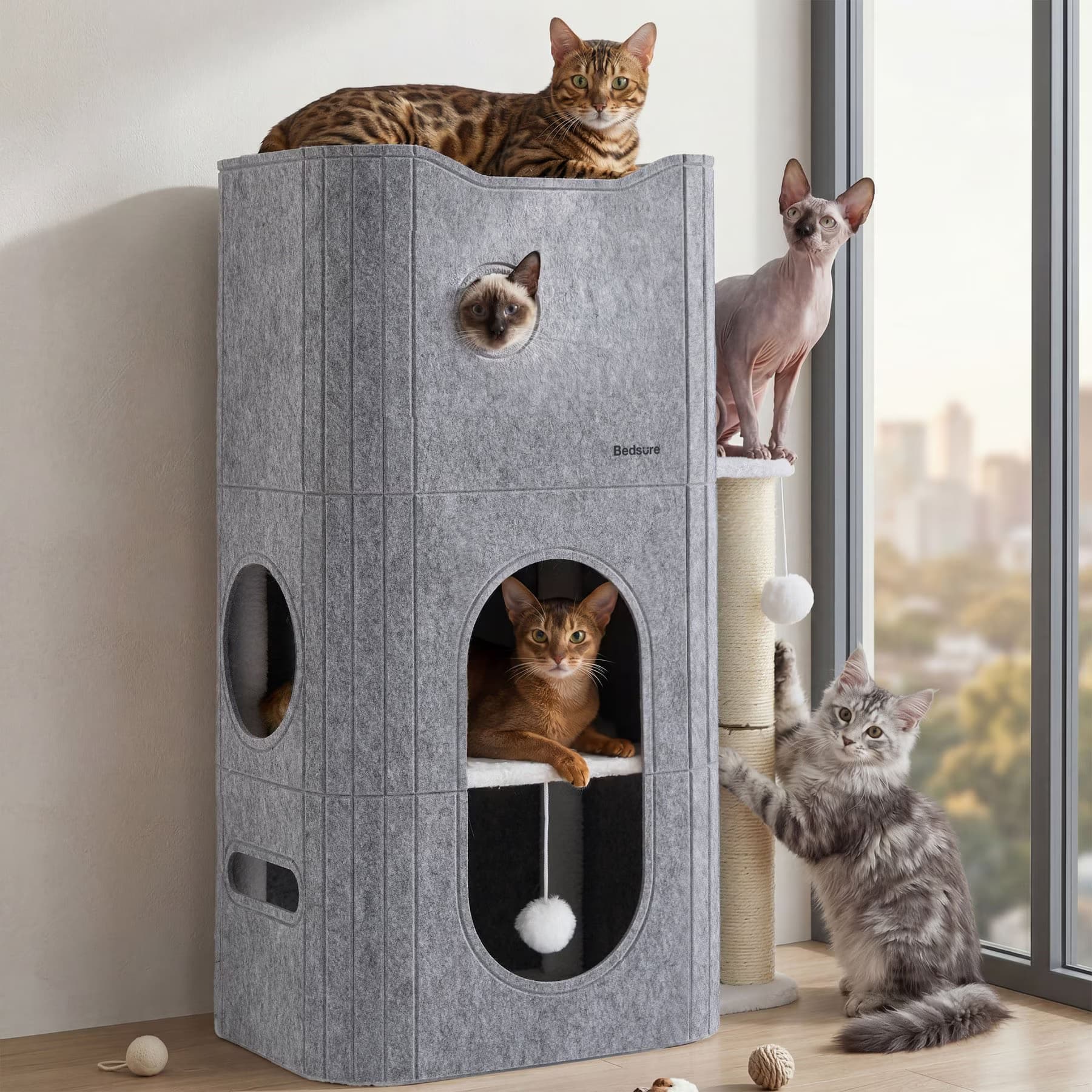 Bedsure Bedsure 3-Level Modern Indoor Cat Condos Small Cat Tree for Multiple Kitties with Scratching Posts & Fluffy Ball, 22.5 x 31.5 x 13-in, Dove Grey