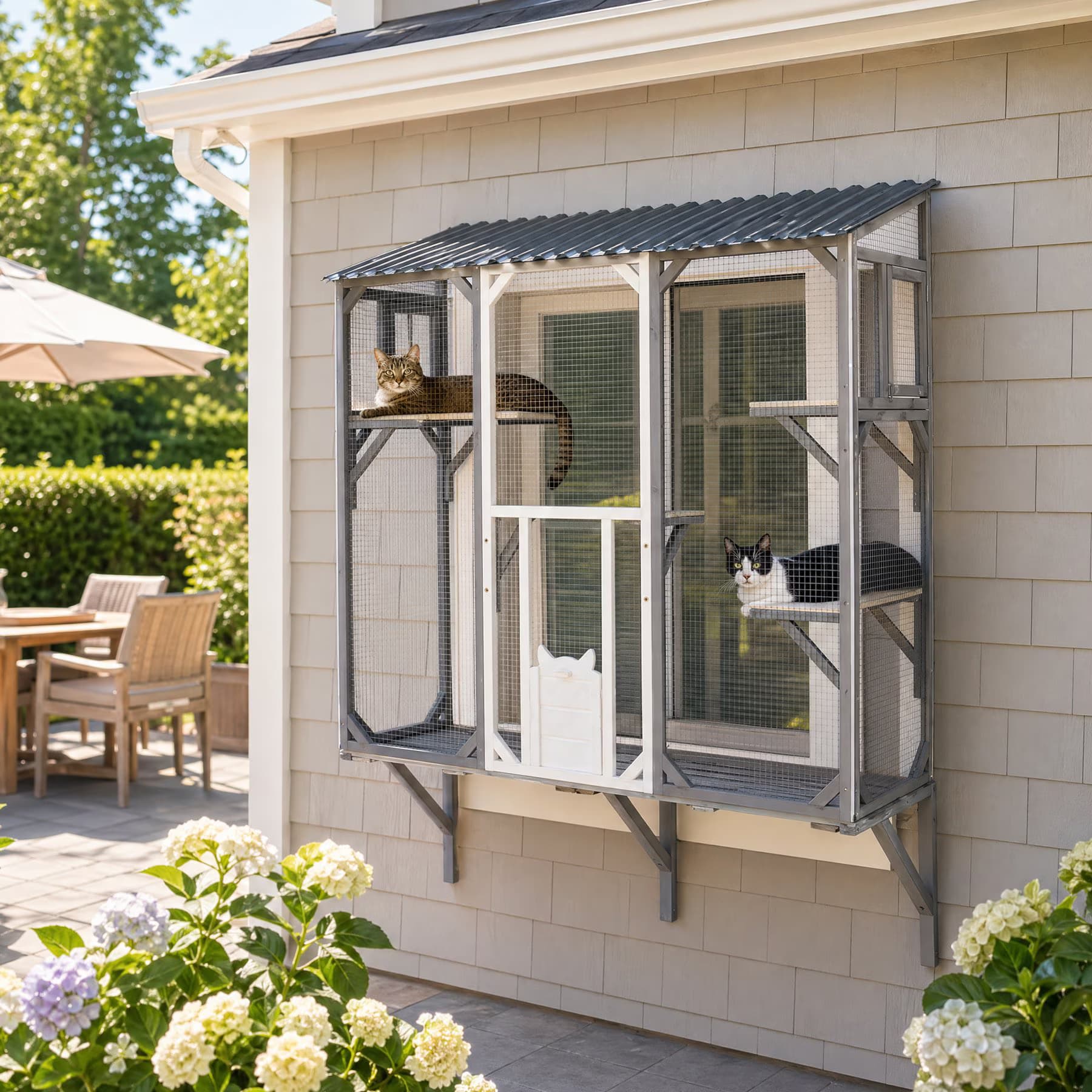 Yafylly Yafylly Outdoor Window Catio Wooden Cat House, Grey & White