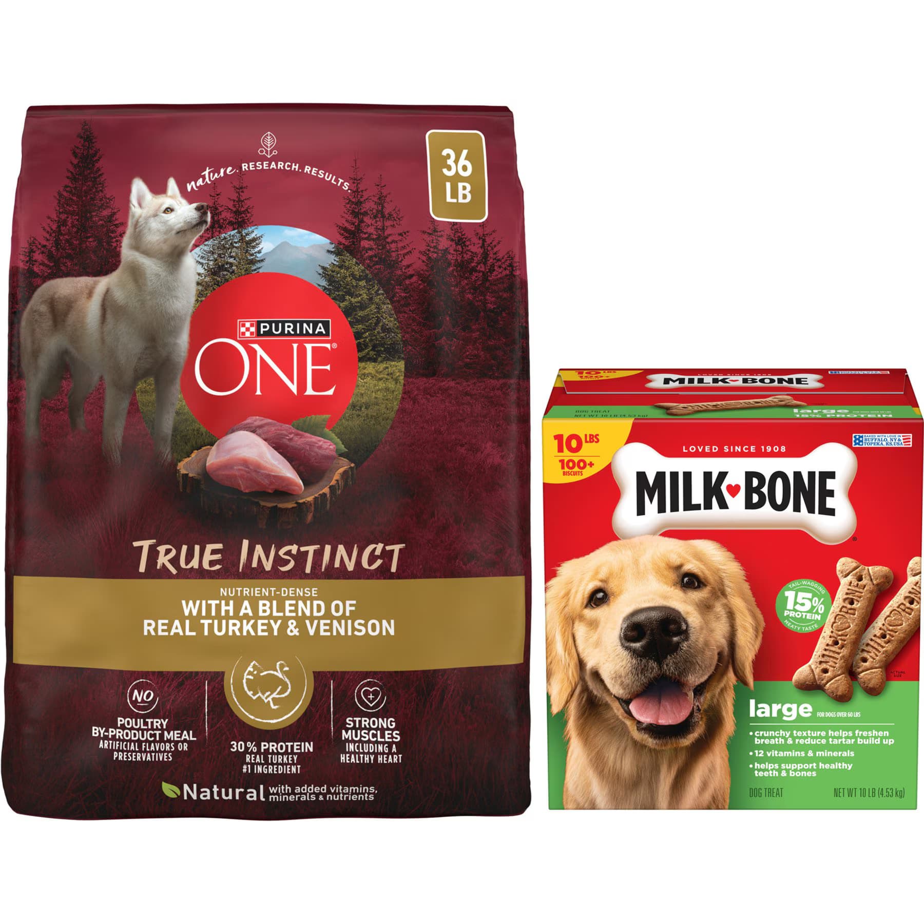Milk-Bone||Purina ONE Purina ONE True Instinct with Real Turkey & Venison High Protein Adult Dry Food + Milk-Bone Original Large Biscuit Dog Treats