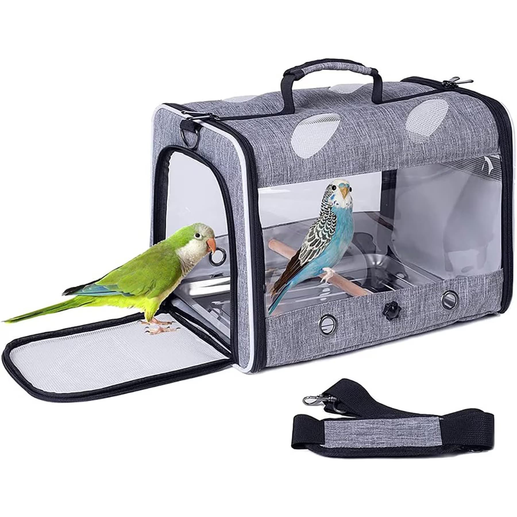 Halinfer Halinfer Rectangle Bird Travel Carrier with Stand Perch & Metal Pan, 2-lb, Feathered Grey
