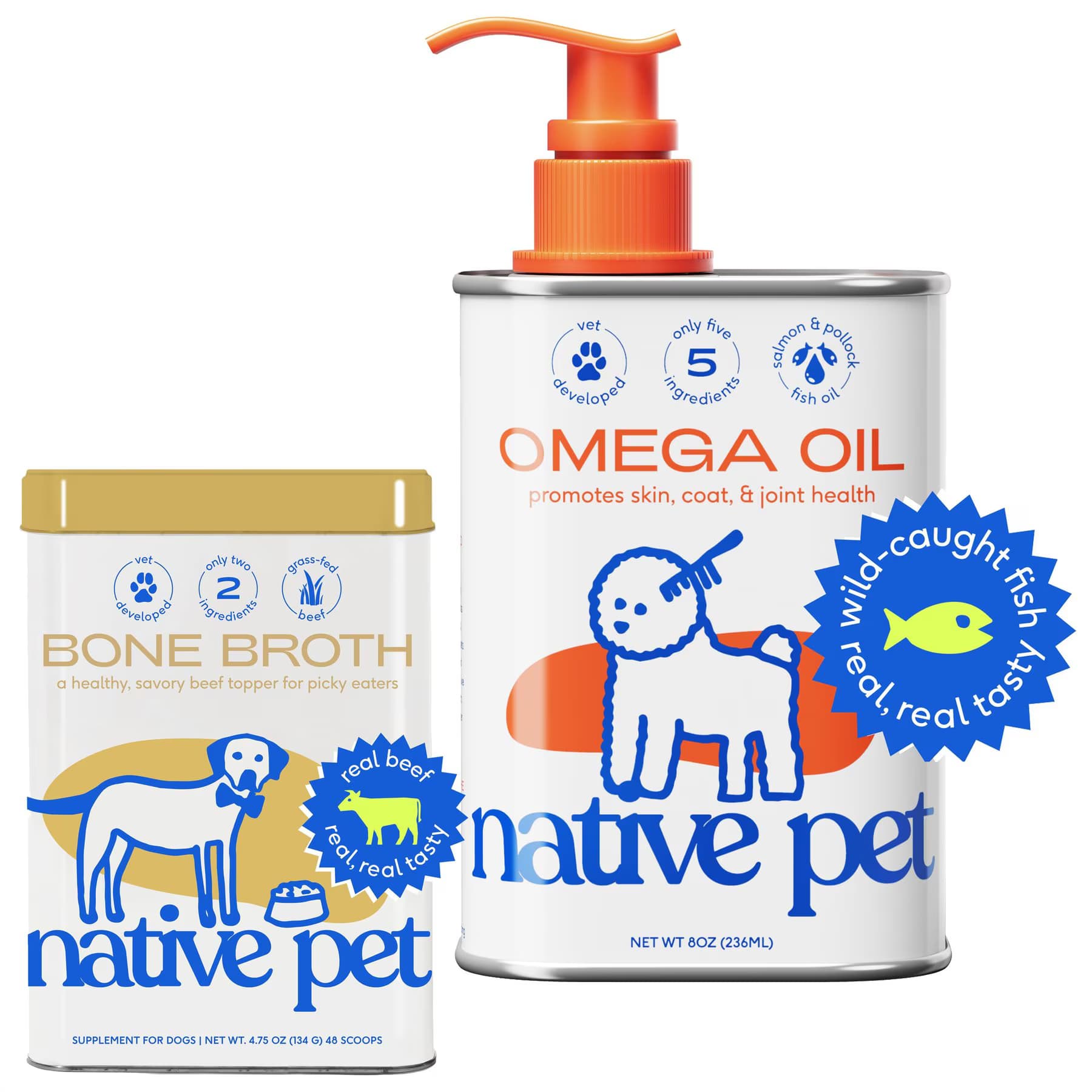 Native Pet Native Pet Beef Bone Broth Powder Food Topper, 4.75-oz + Omega 3 Fish Oil Skin & Coat Health Dog Supplement, 8-oz