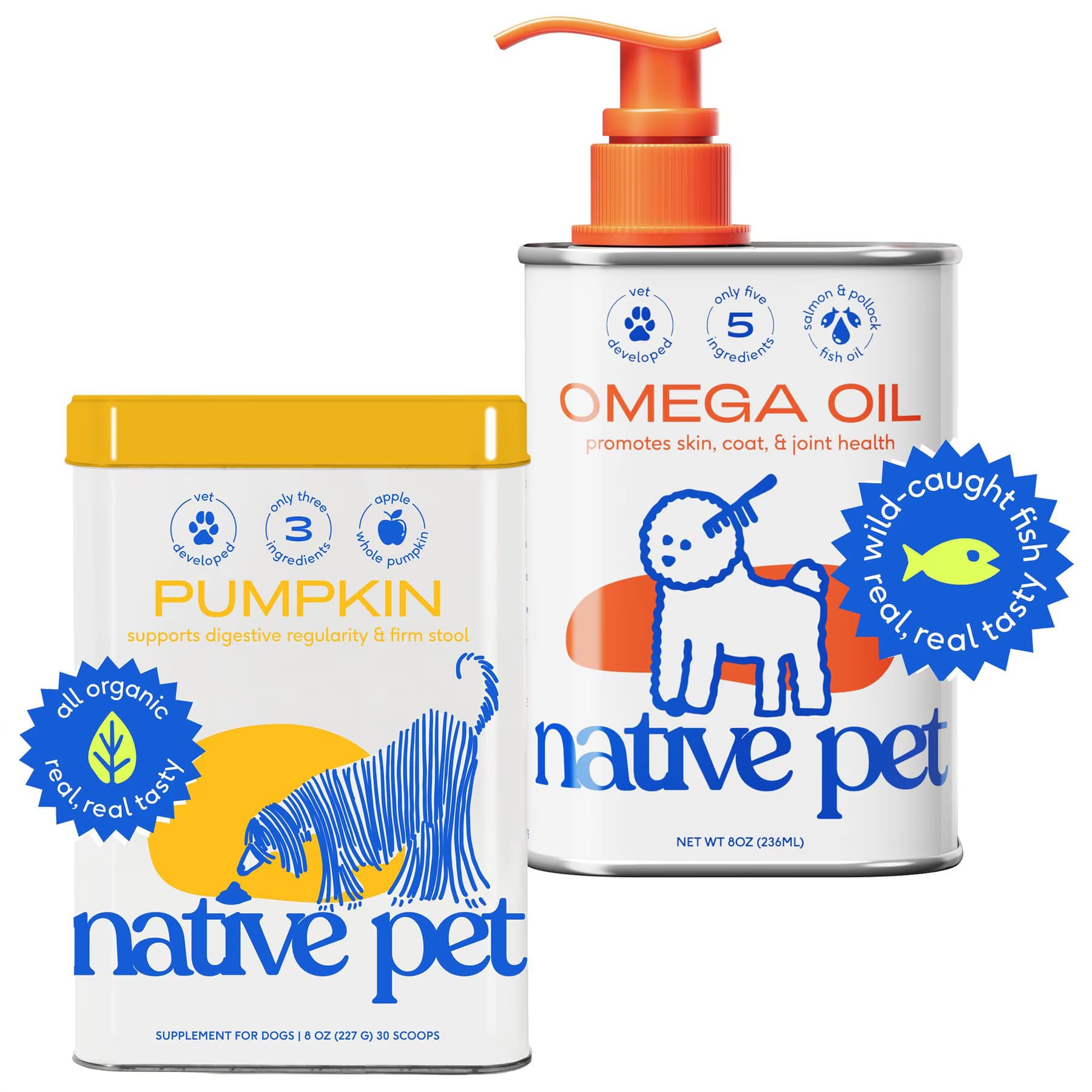 Native Pet Native Pet Organic Pumpkin Fiber & Diarrhea Relief, 8-fl oz + Omega 3 Fish Oil Skin & Coat Health Dog Supplement, 8-fl oz