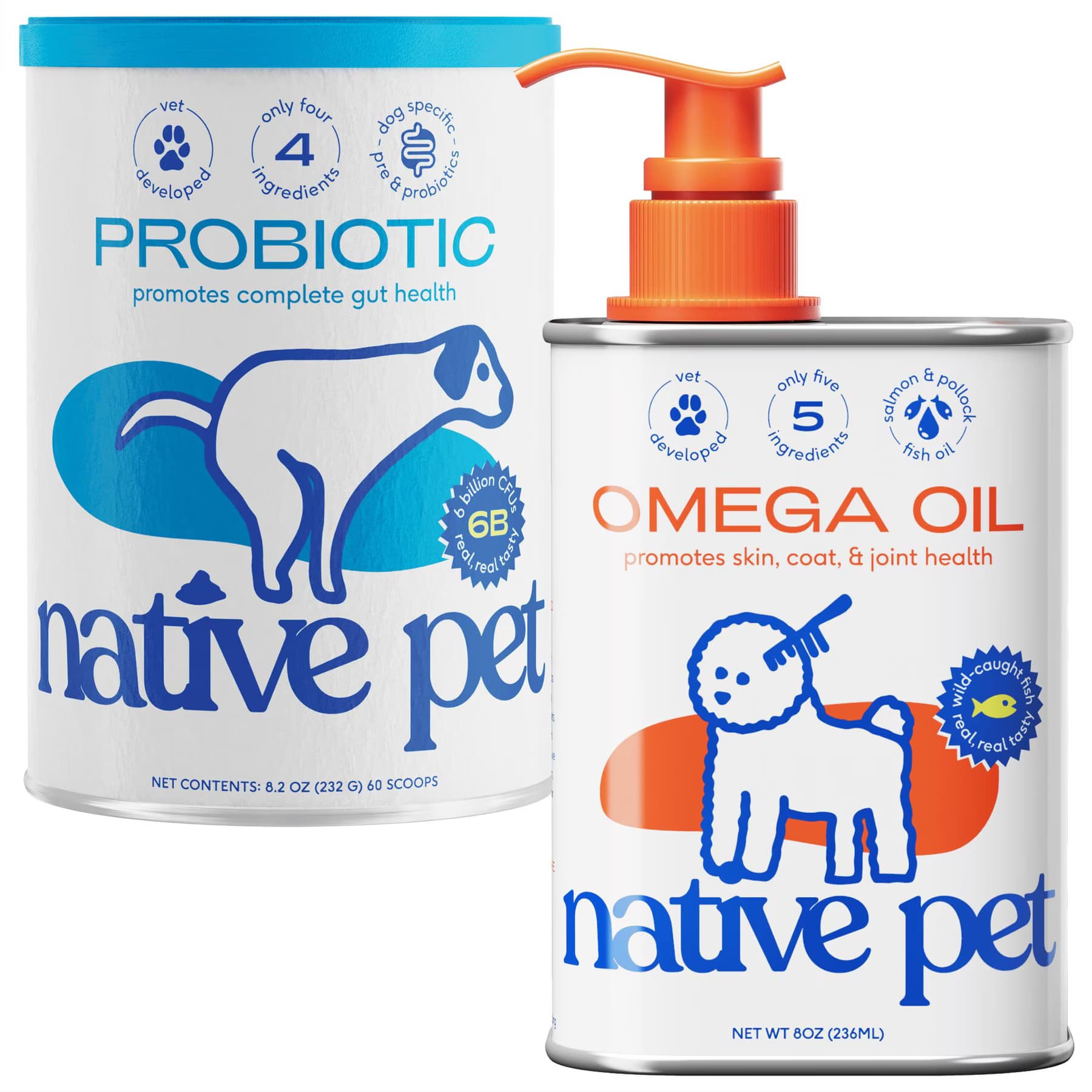 Native Pet Native Pet Vet-Formulated Probiotics & Prebiotic, 8.2-fl oz canister + Omega 3 Fish Oil Skin & Coat Health Dog Supplement, 8-fl oz