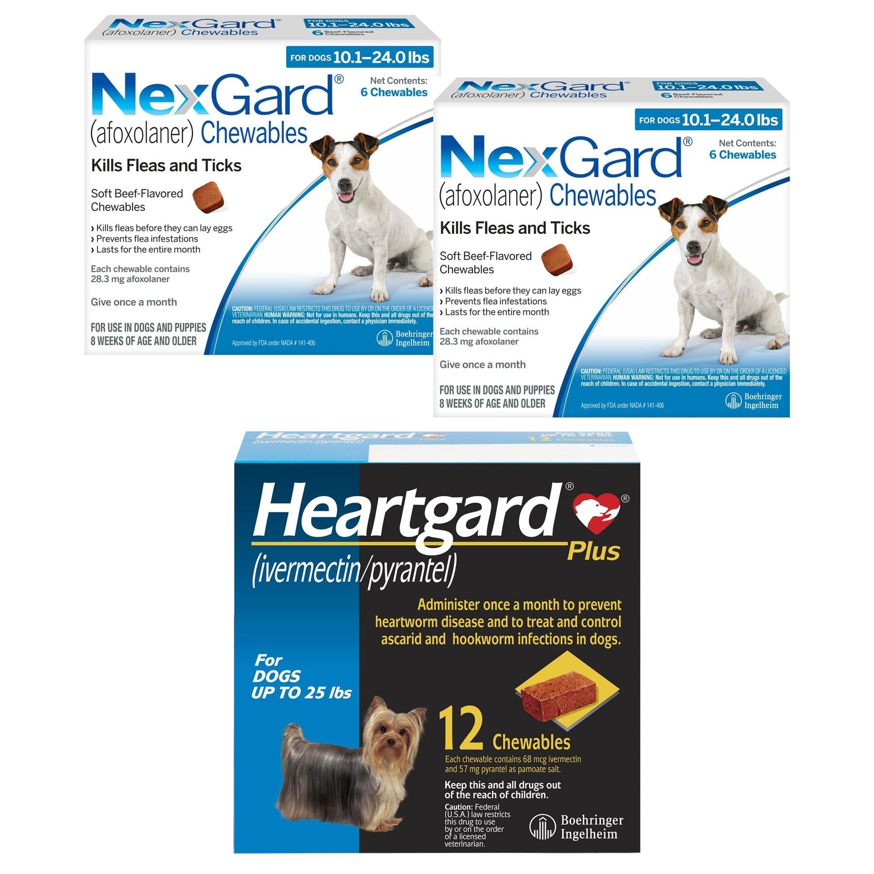 Heartgard||NexGard NexGard Chew, 10.1-24 lbs, (Blue Box), 12 Chews (12-mos. supply) + Heartgard Plus Chew for Dogs, up to 25 lbs, (Blue Box), 12 Chews (12-mos. supply)