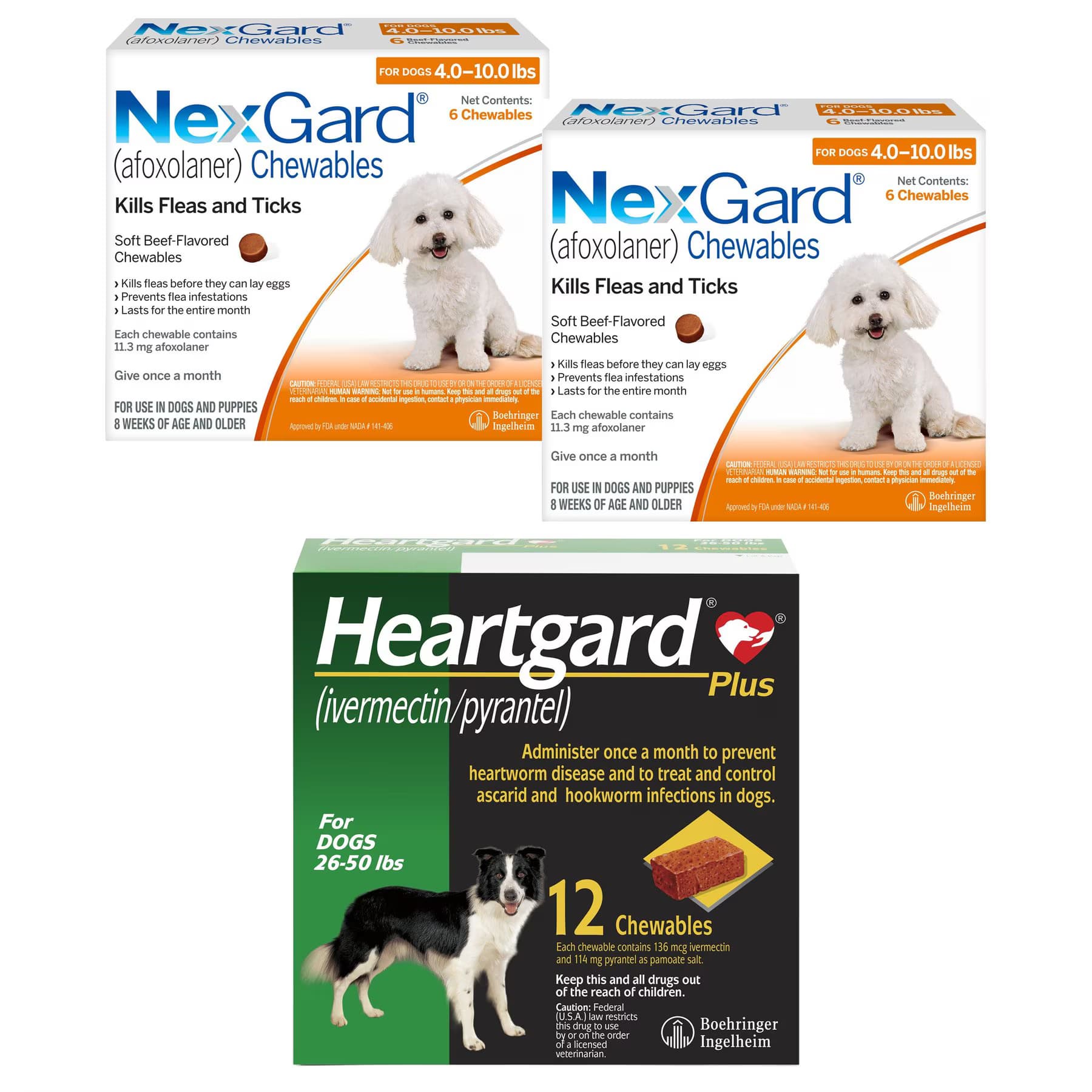 Heartgard||NexGard NexGard Chew, 4-10 lbs, (Orange Box), 12 Chews (12-mos. supply) + Heartgard Plus Chew for Dogs, 26-50 lbs, (Green Box), 12 Chews (12-mos. supply)