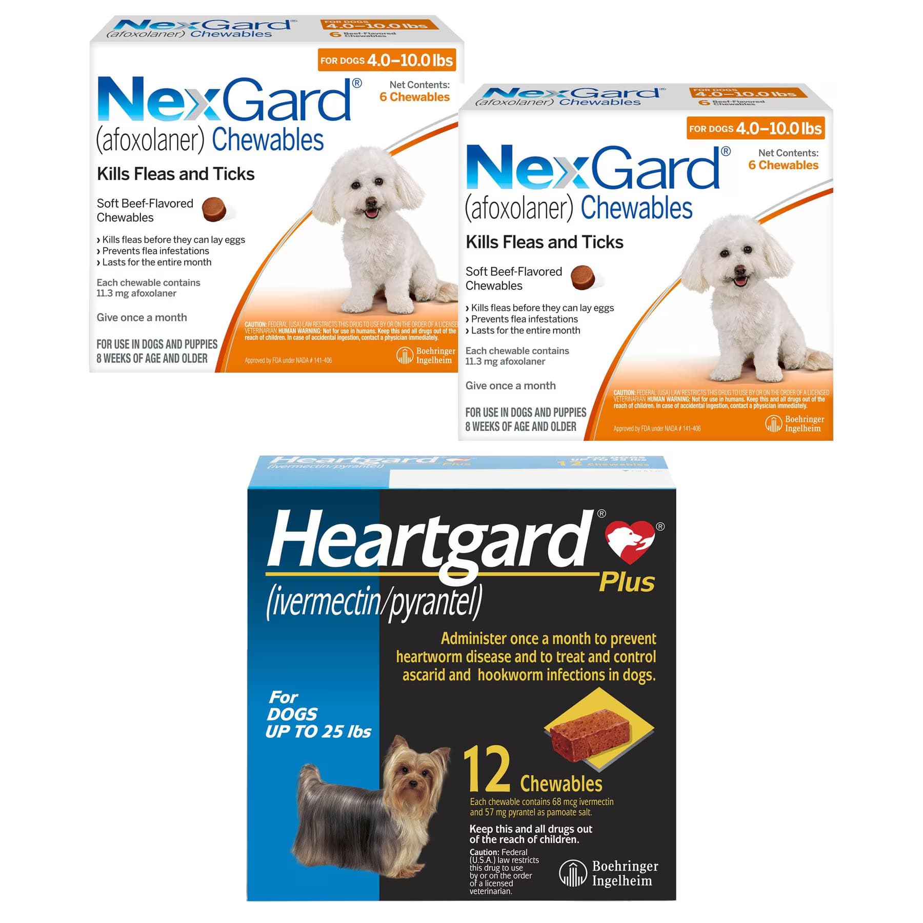 Heartgard||NexGard NexGard Chew, 4-10 lbs, (Orange Box), 12 Chews (12-mos. supply) + Heartgard Plus Chew for Dogs, up to 25 lbs, (Blue Box), 12 Chews (12-mos. supply)