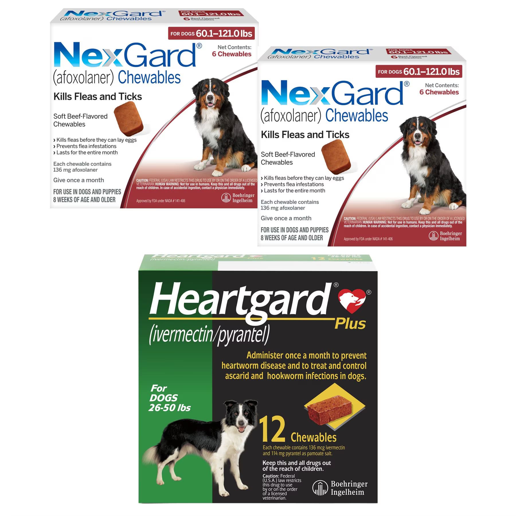 Heartgard||NexGard NexGard Chew, 60.1-121 lbs, (Red Box), 12 Chews (12-mos. supply) + Heartgard Plus Chew for Dogs, 26-50 lbs, (Green Box), 12 Chews (12-mos. supply)