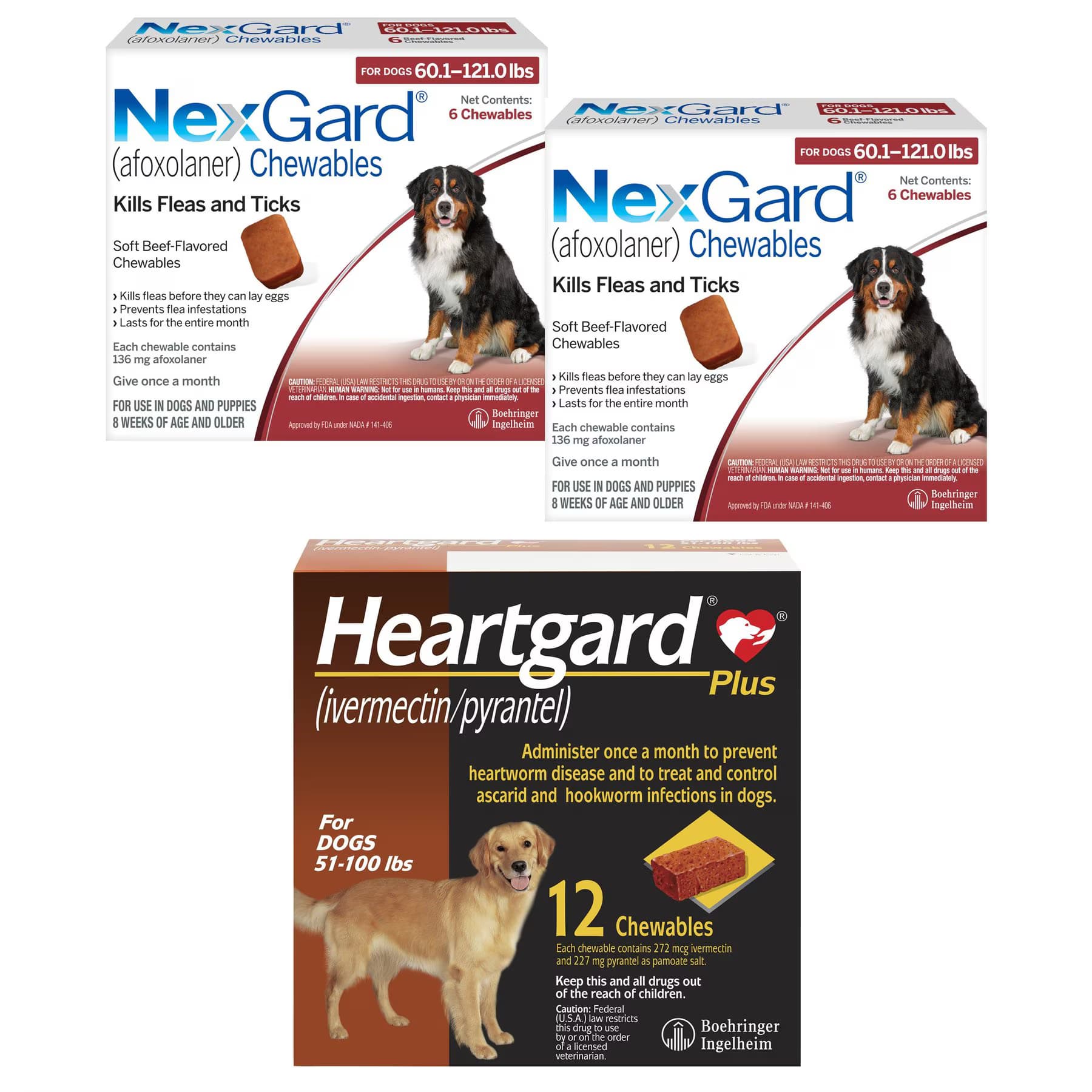 Heartgard||NexGard NexGard Chew, 60.1-121 lbs, (Red Box), 12 Chews (12-mos. supply) + Heartgard Plus Chew for Dogs, 51-100 lbs, (Brown Box), 12 Chews (12-mos. supply)