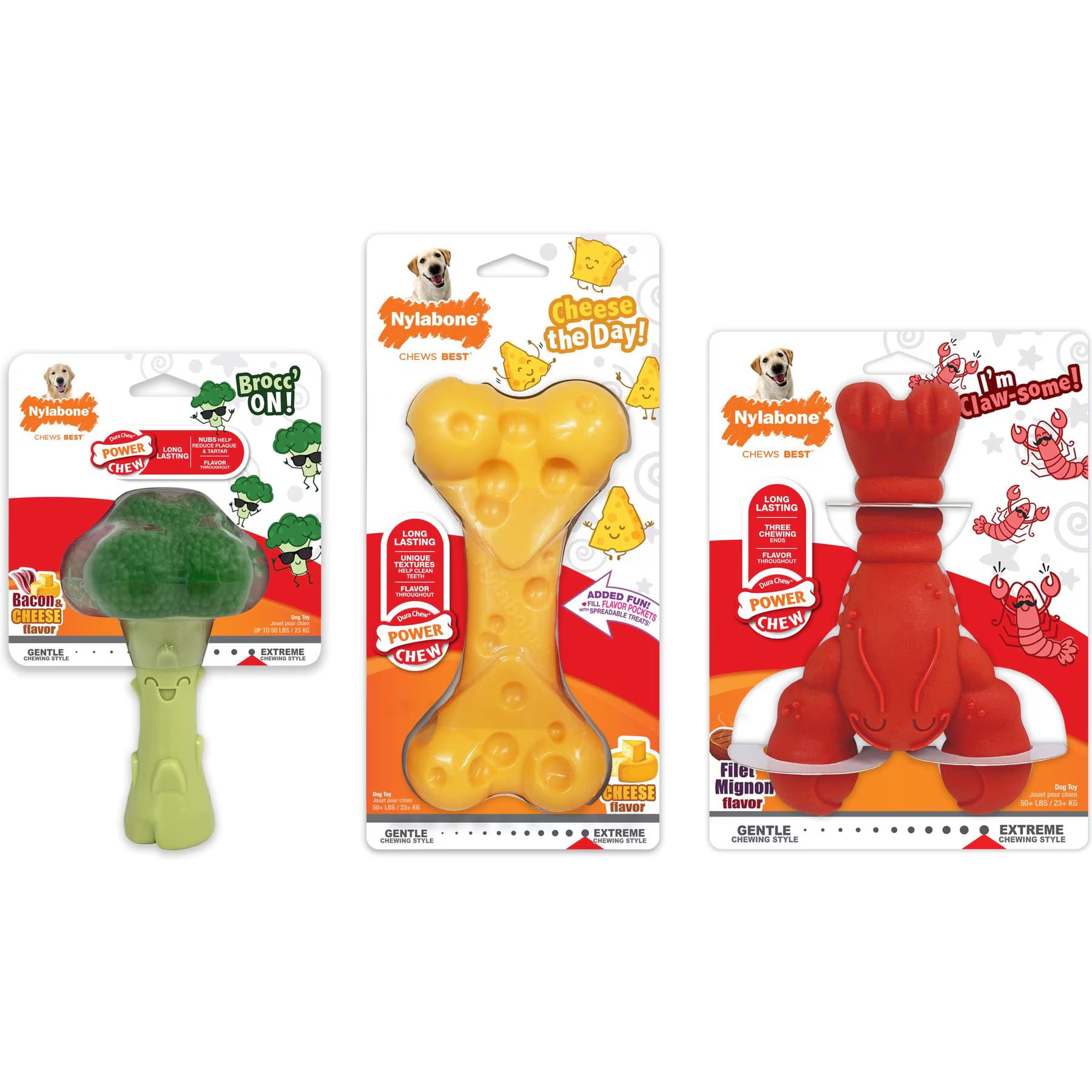 Nylabone Nylabone Power Chew Lobster, Cheese, & Broccoli Dog Chew Toy Bundle, Large