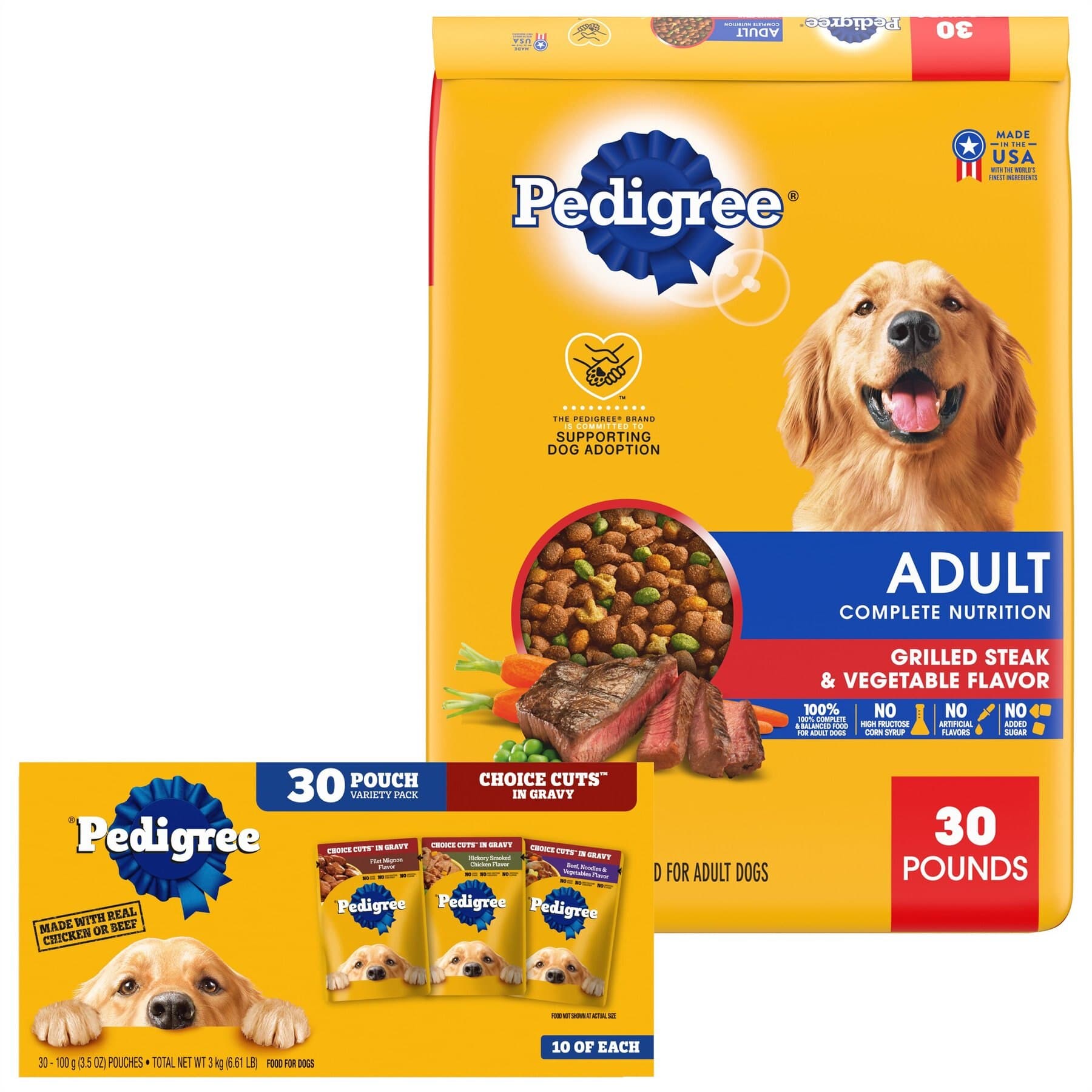 Pedigree Pedigree Adult Complete Nutrition Grilled Steak & Vegetable Flavor Dry Dog Food + Choice Cuts in Gravy Variety Pack Adult Wet Dog Food