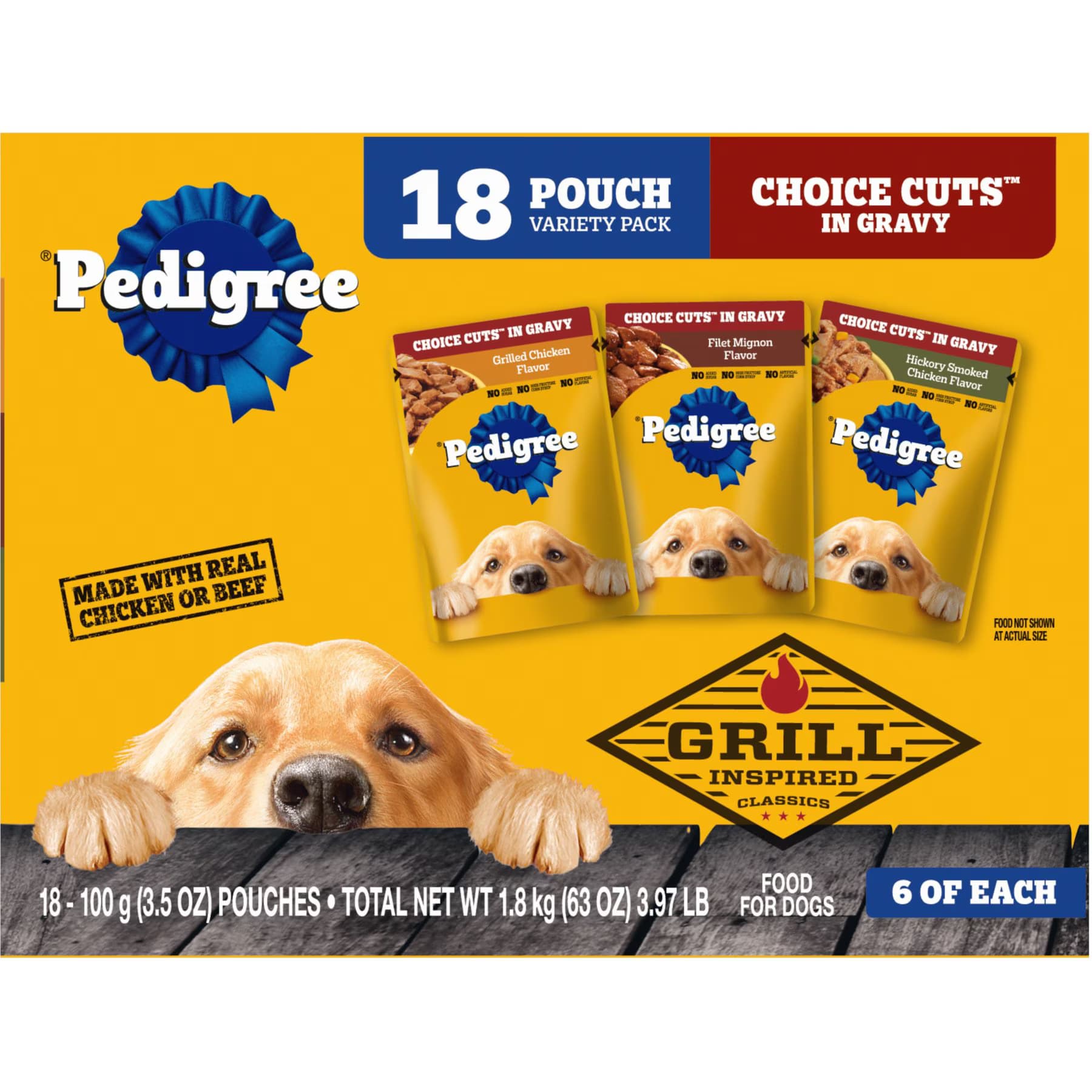 Pedigree Pedigree Choice Cuts in Gravy Variety Pack, Hickory Smoked Chicken Flavor, Grilled Chicken Flavor in Sauce & Filet Mignon Flavor in Gravy Adult Grilled & Hickory Chicken, Filet Mignon Wet Dog Food Pouches, 3.5-oz